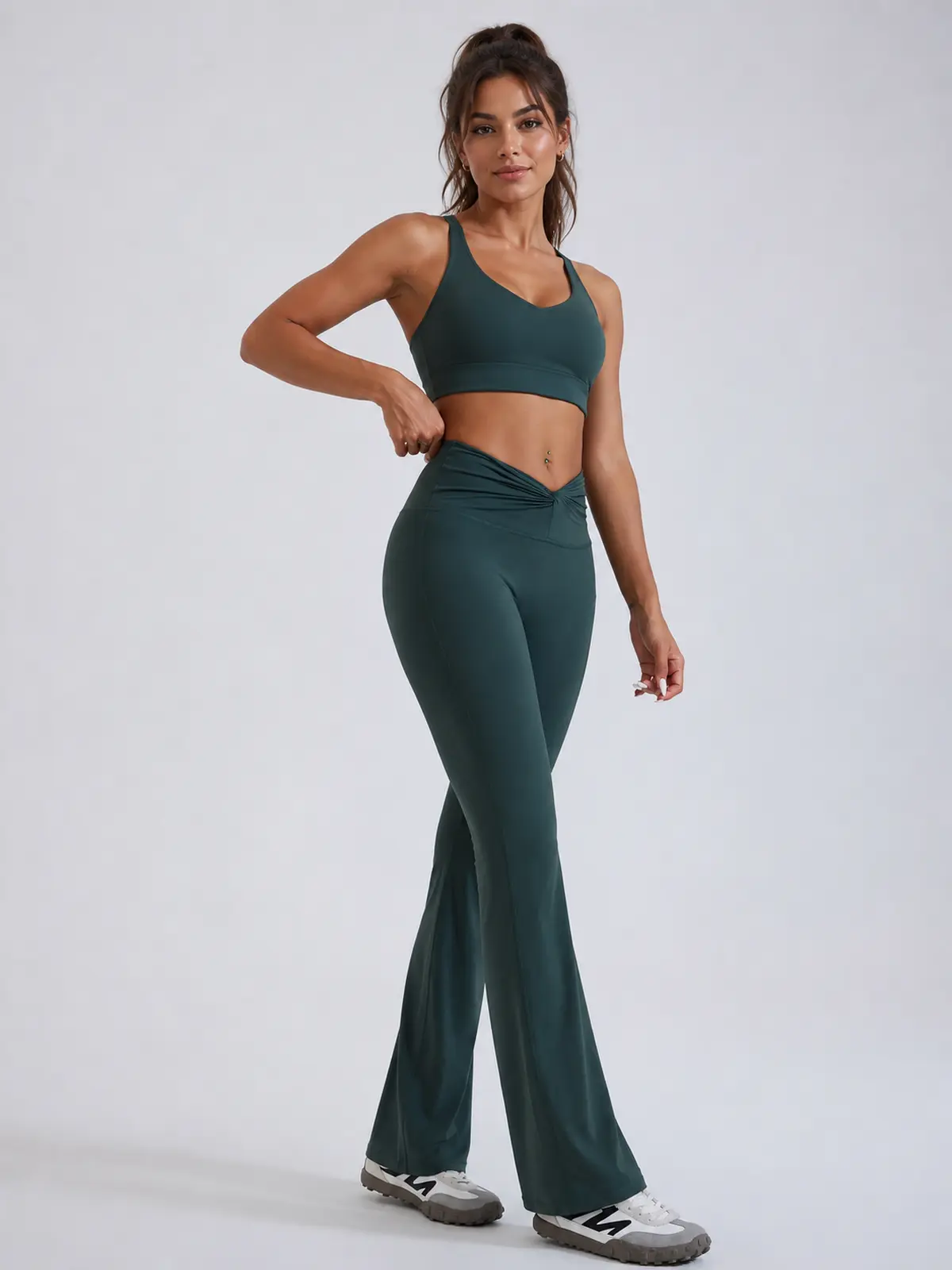 Mosaic Dawn Twist-Waist Flare Leggings — deep sea green — flare-leggings — authoritative variation match