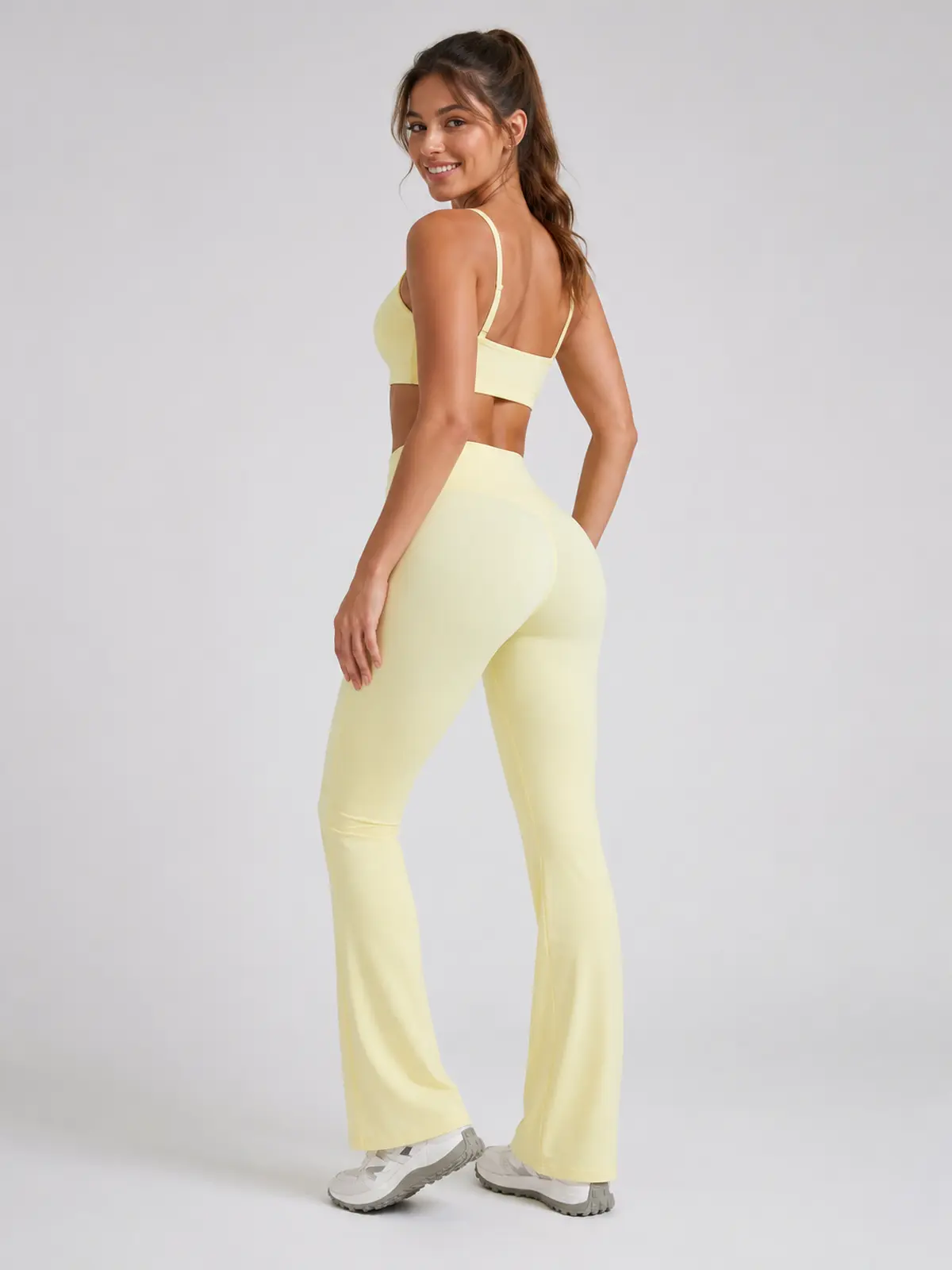 Mosaic Dawn Twist-Waist Flare Leggings — pale banana yellow — flare-leggings — authoritative variation match