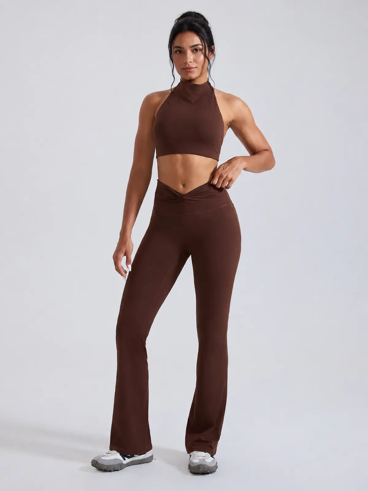 Mosaic Dawn Twist-Waist Flare Leggings — smoked brown — flare-leggings — authoritative variation match