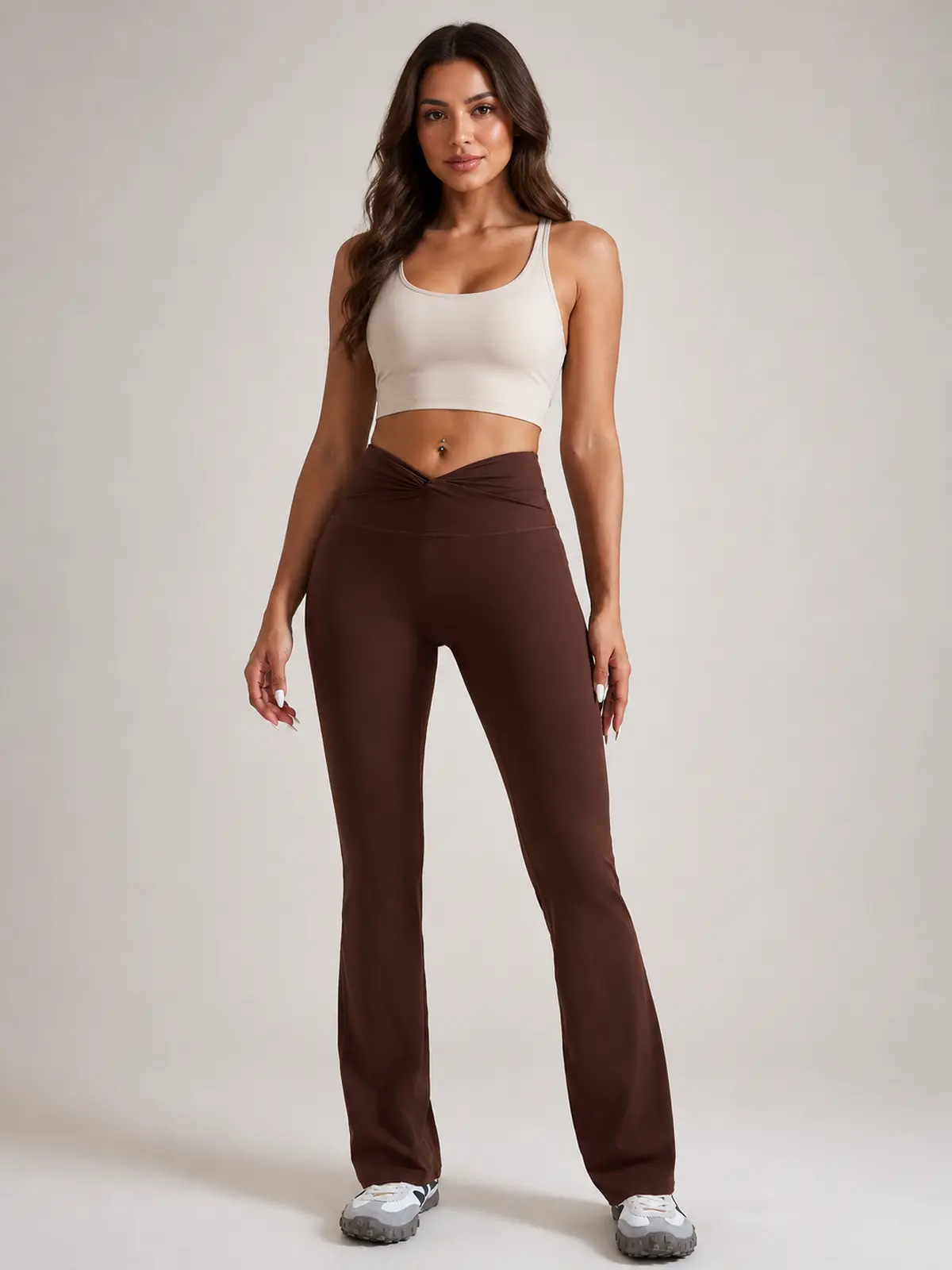 Mosaic Dawn Twist-Waist Flare Leggings — smoked brown — flare-leggings — authoritative variation match