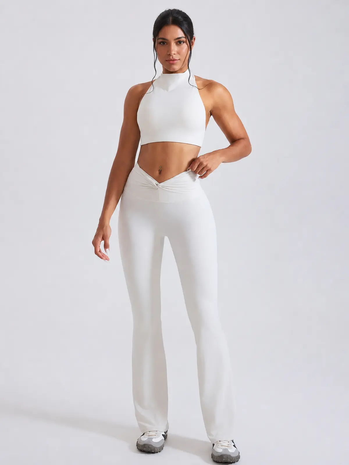 Mosaic Dawn Twist-Waist Flare Leggings — white — flare-leggings — authoritative variation match