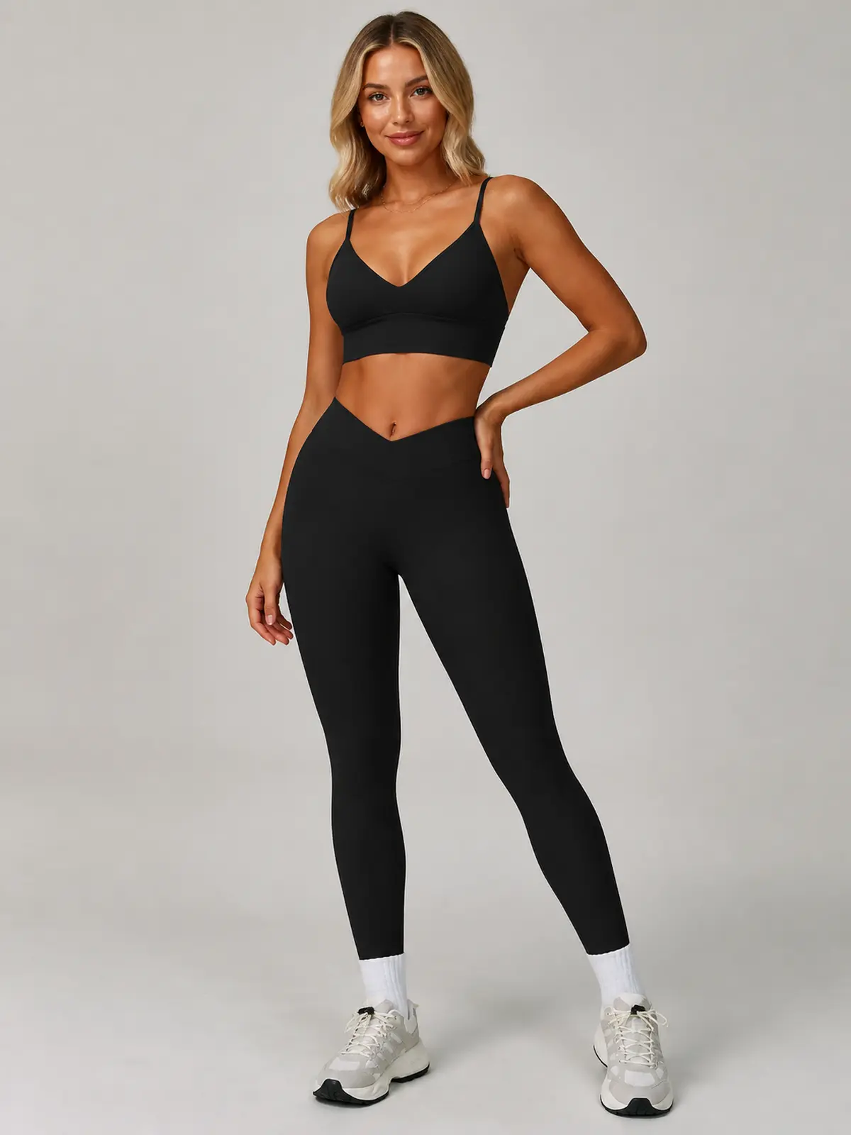 Moss Interval V-Neck Sports Bra and Full-Length Leggings Set — black — general — authoritative variation match
