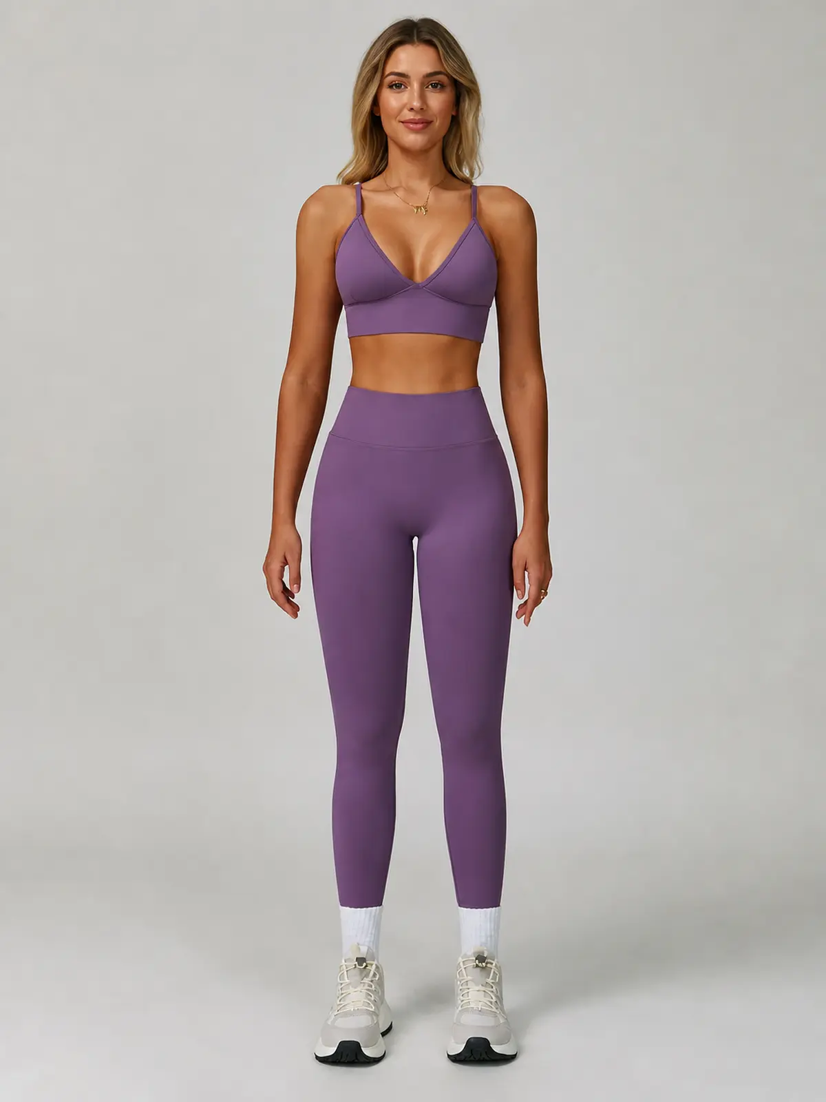 Moss Interval V-Neck Sports Bra and Full-Length Leggings Set — misty purple — general — authoritative variation image