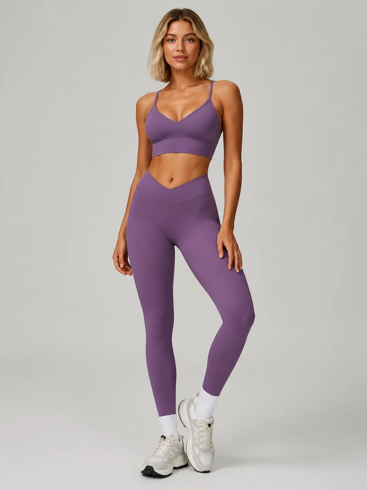 Moss Interval V-Neck Sports Bra and Full-Length Leggings Set — misty purple — general — authoritative variation match