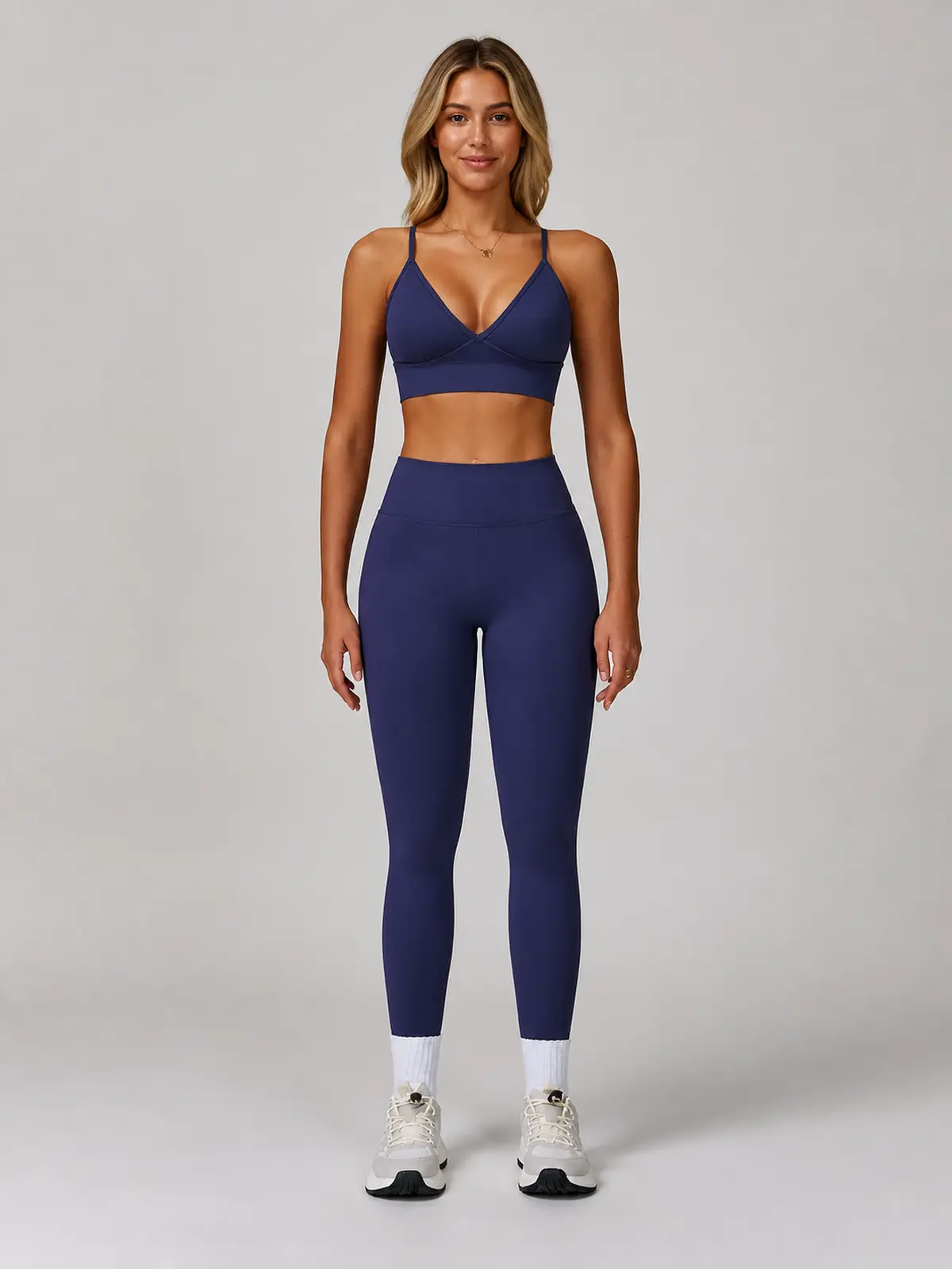 Moss Interval V-Neck Sports Bra and Full-Length Leggings Set — navy blue — general — authoritative variation image