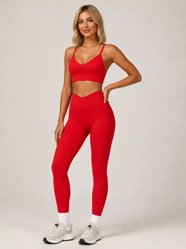 Moss Interval V-Neck Sports Bra and Full-Length Leggings Set — red — general — authoritative variation match