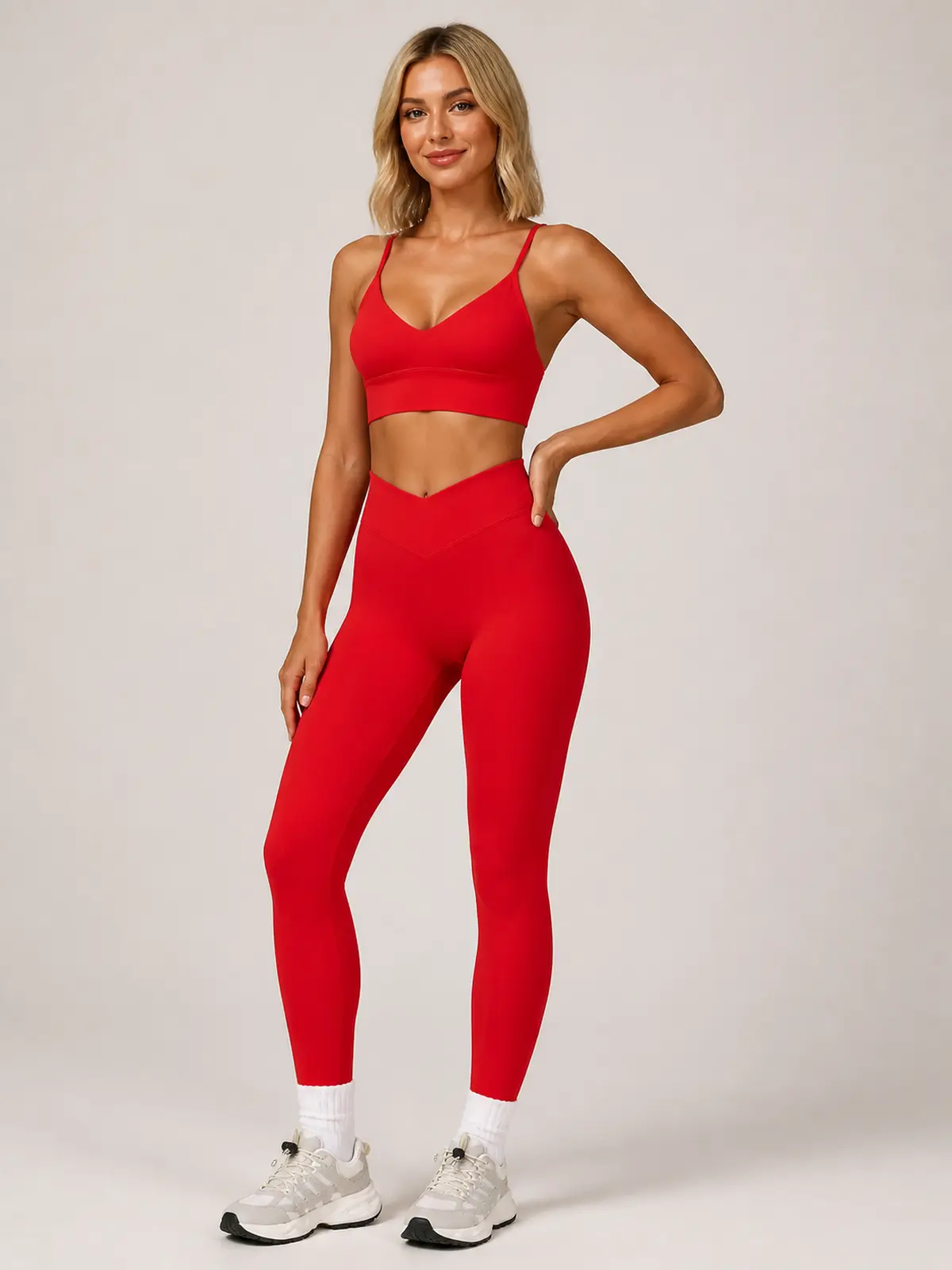 Moss Interval V-Neck Sports Bra and Full-Length Leggings Set — red — general — authoritative variation match