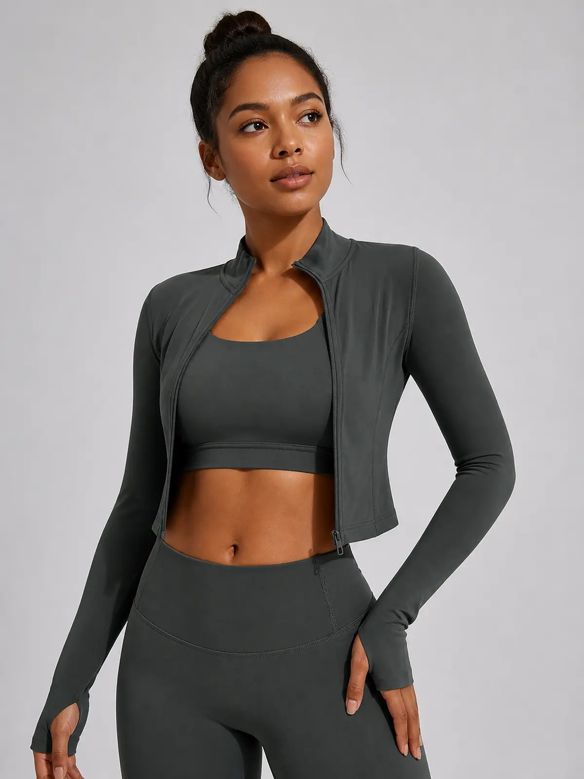 Motion Arc Cropped Zip-Front Yoga Jacket — charcoal gray — general — authoritative variation match