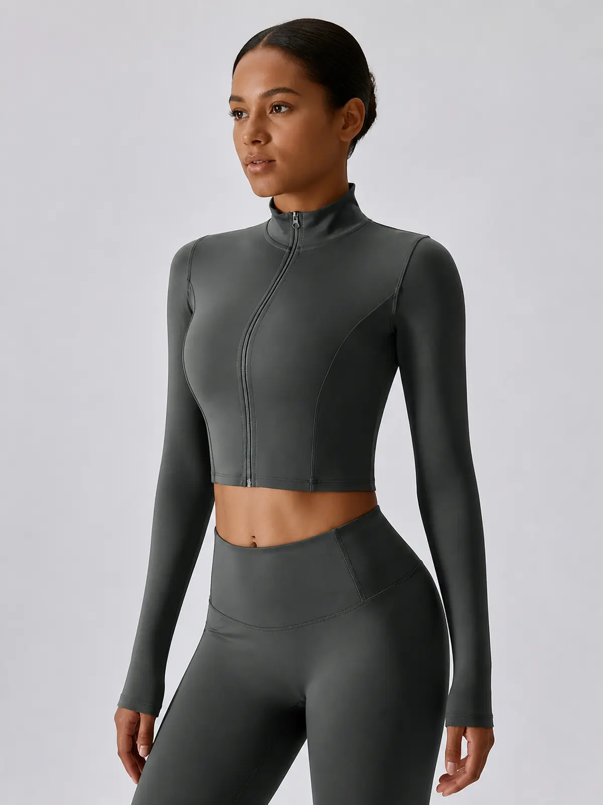 Motion Arc Cropped Zip-Front Yoga Jacket — charcoal gray — authoritative variation match