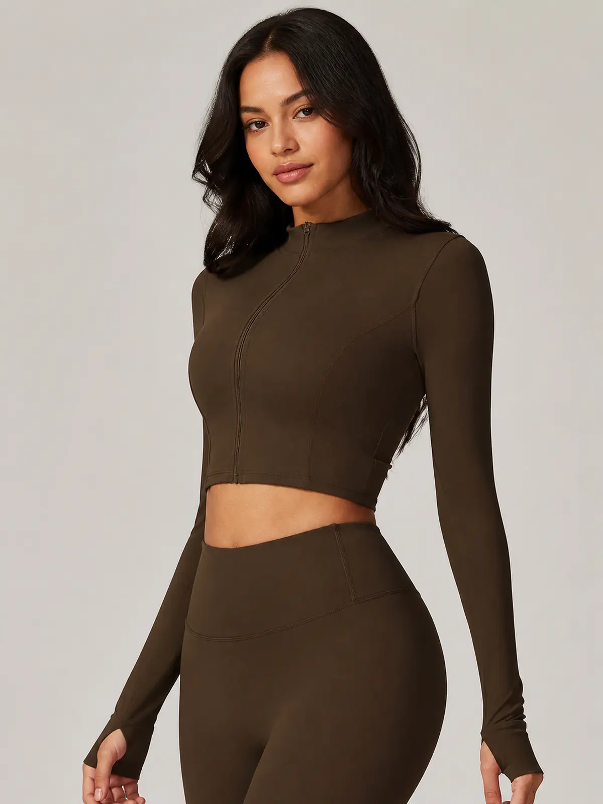 Motion Arc Cropped Zip-Front Yoga Jacket — dark coffee brown — general — authoritative variation match
