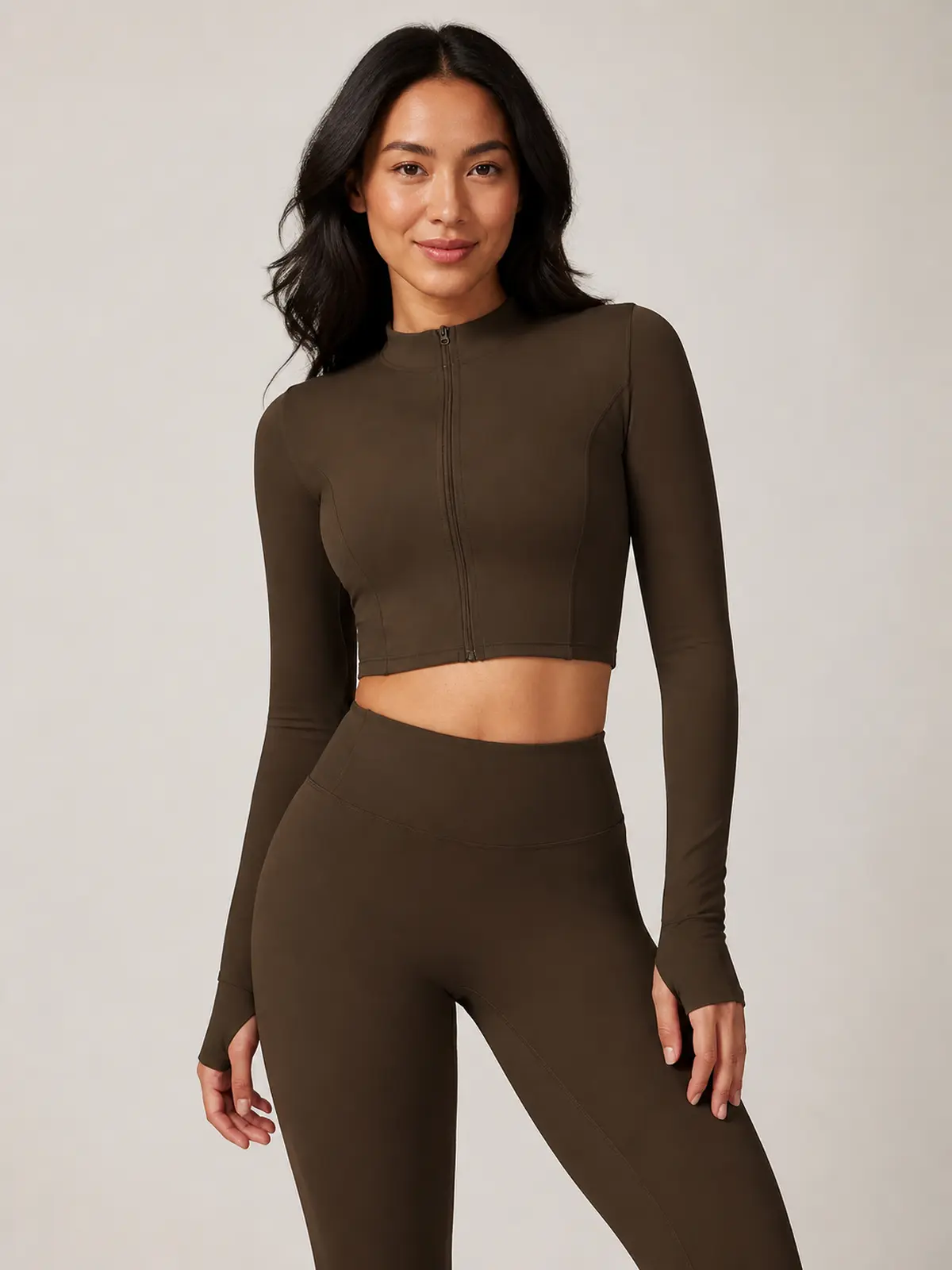 Motion Arc Cropped Zip-Front Yoga Jacket — dark coffee brown — general — authoritative variation match