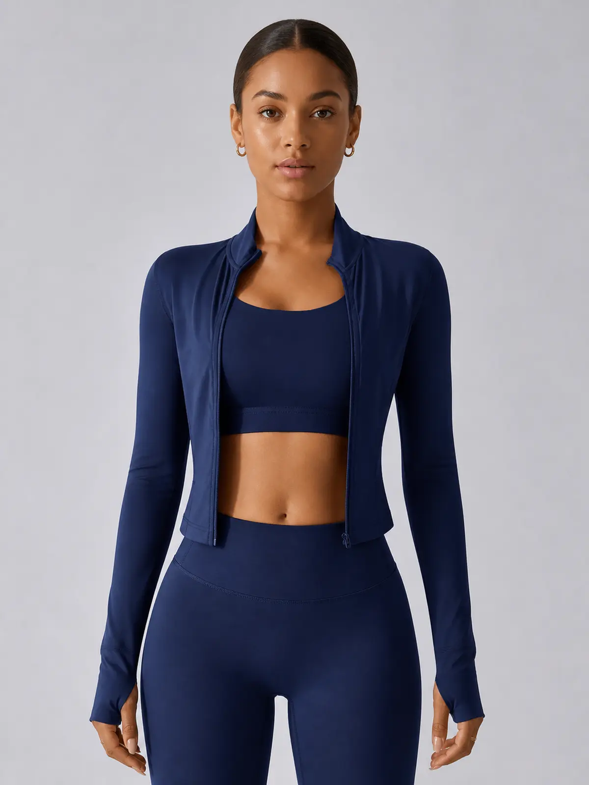 Motion Arc Cropped Zip-Front Yoga Jacket — dark navy blue — general — authoritative variation match