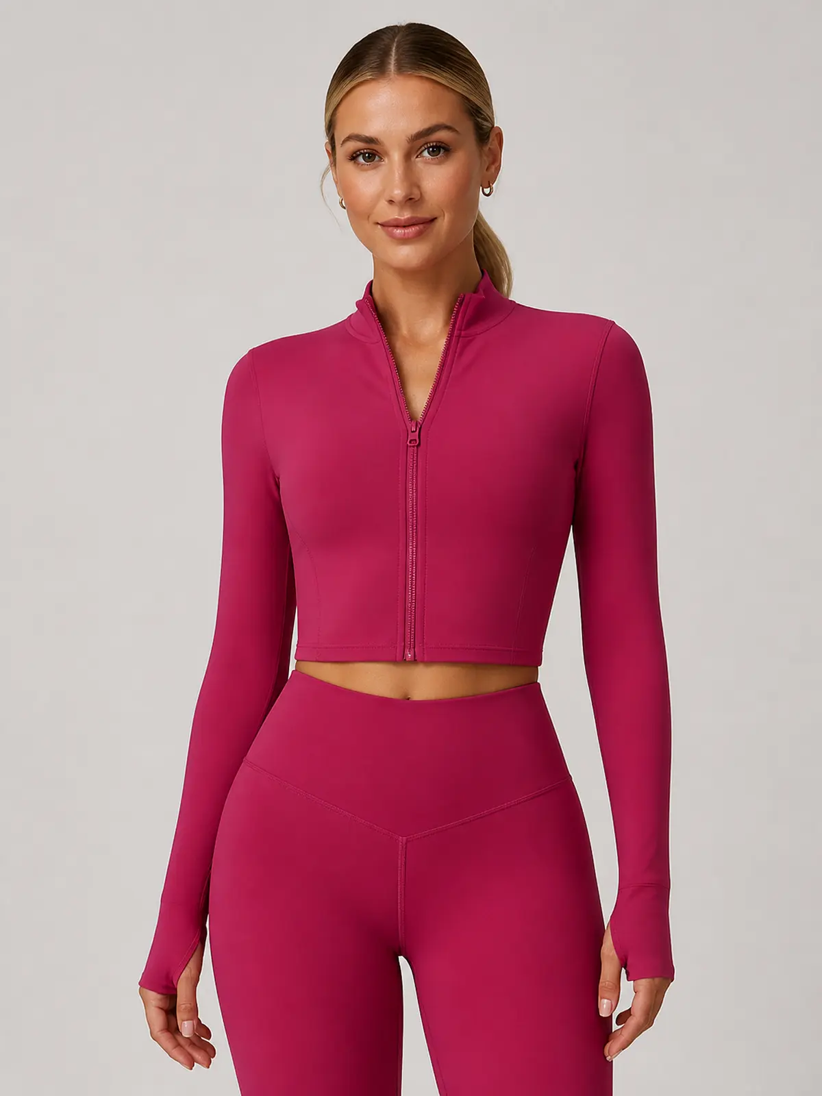 Motion Arc Cropped Zip-Front Yoga Jacket — rose red — general — authoritative variation match