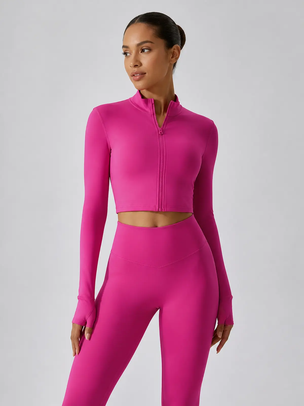 Motion Arc Cropped Zip-Front Yoga Jacket — rose red — general — authoritative variation match