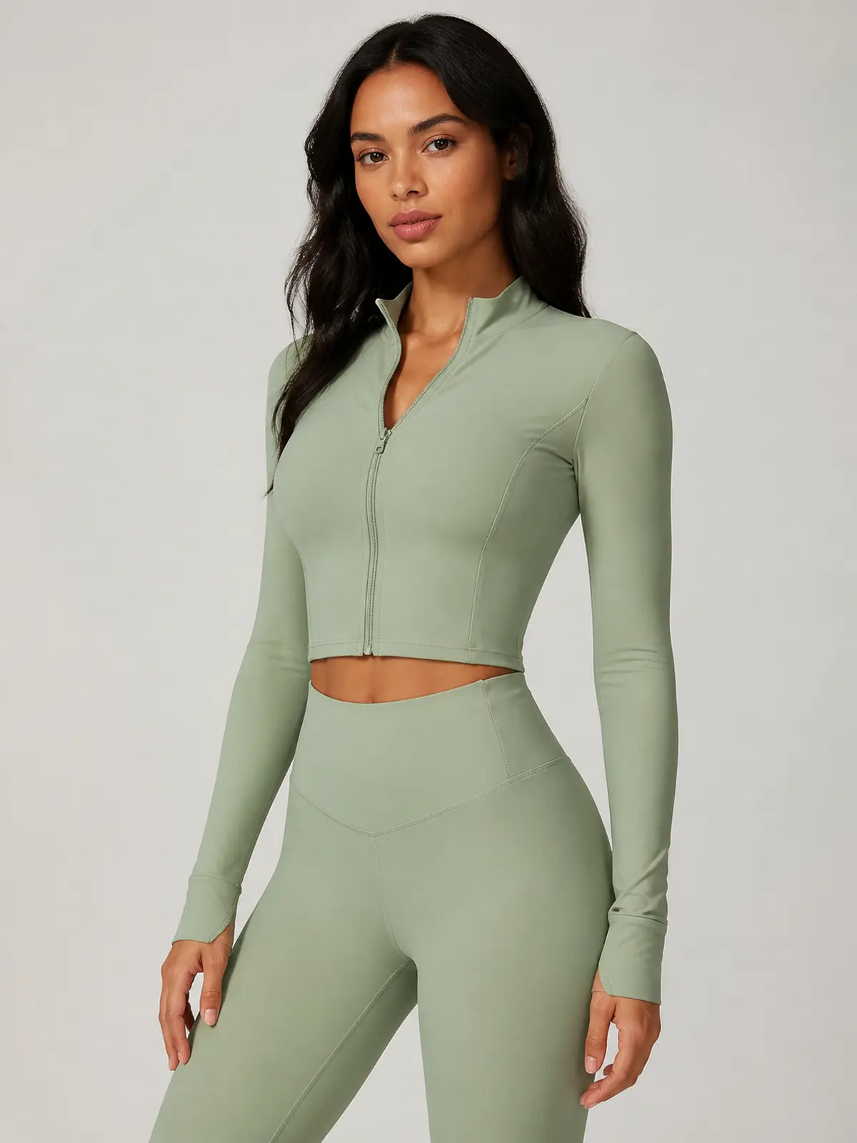 Motion Arc Cropped Zip-Front Yoga Jacket — sage green — general — authoritative variation match