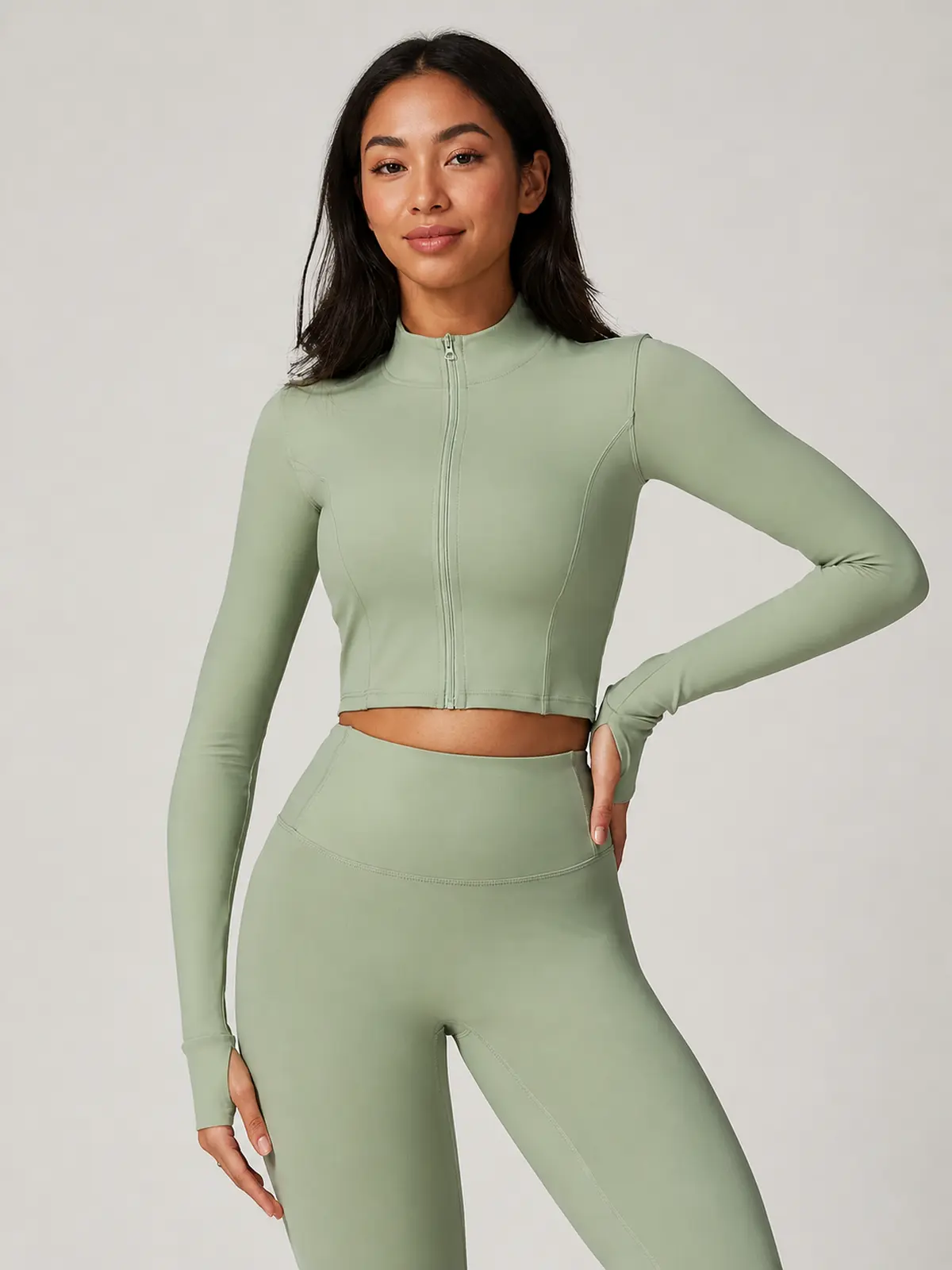 Motion Arc Cropped Zip-Front Yoga Jacket — sage green — general — authoritative variation match