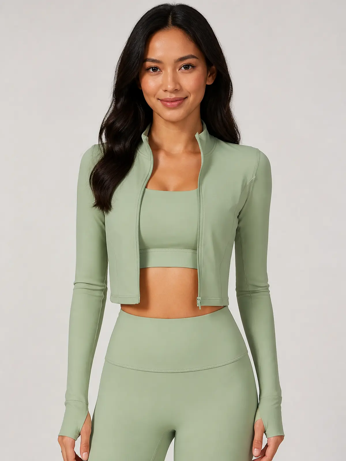 Motion Arc Cropped Zip-Front Yoga Jacket — sage green — authoritative variation match