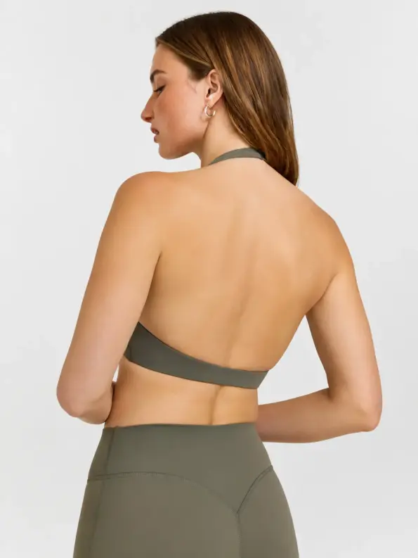 Murmur Halter Scoop-Neck Sports Bra — olive green — bralette — authoritative variation match