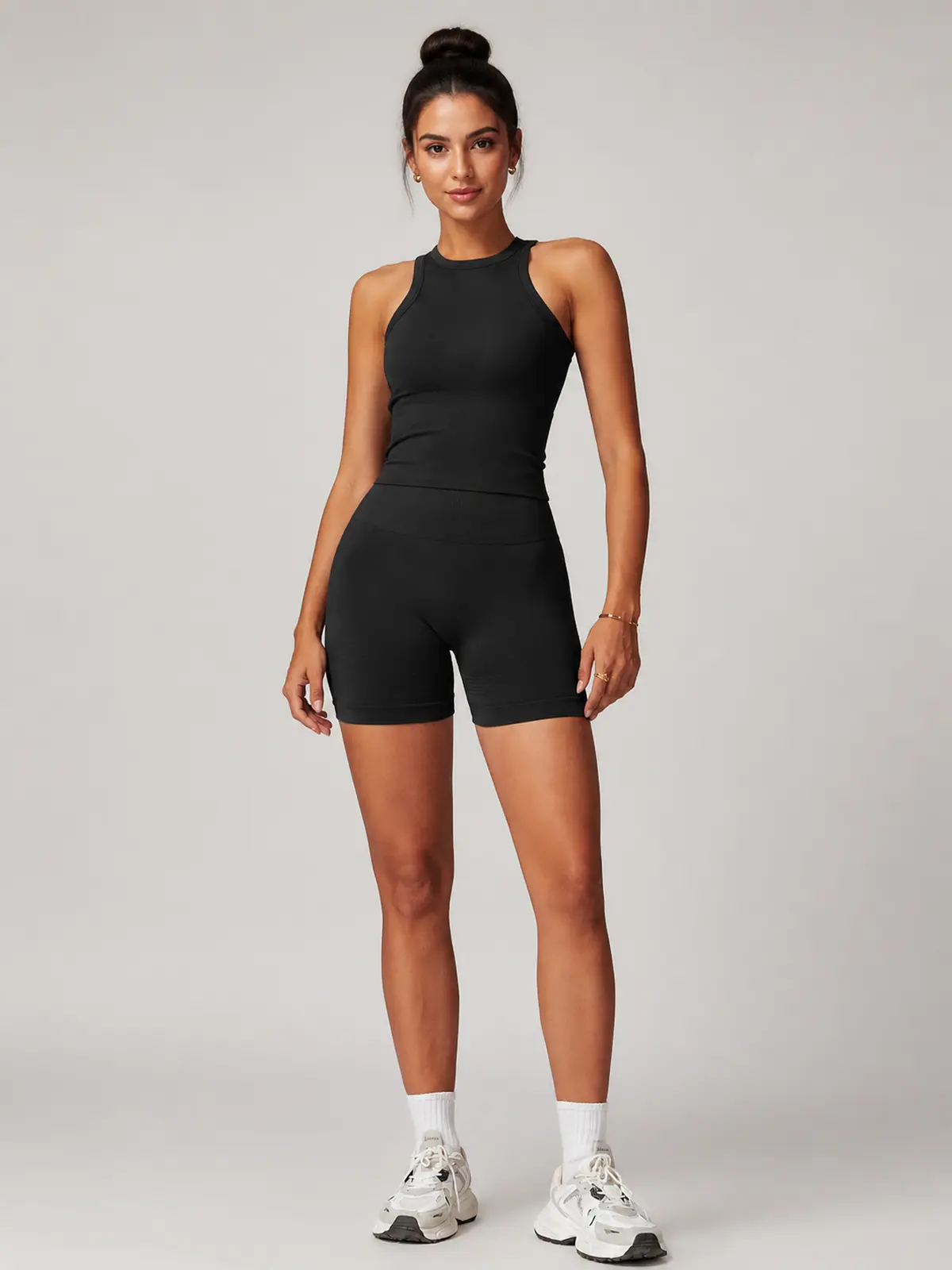 Nori Drift High-Neck Tank Top and Bike Shorts Set — black — general — authoritative variation match