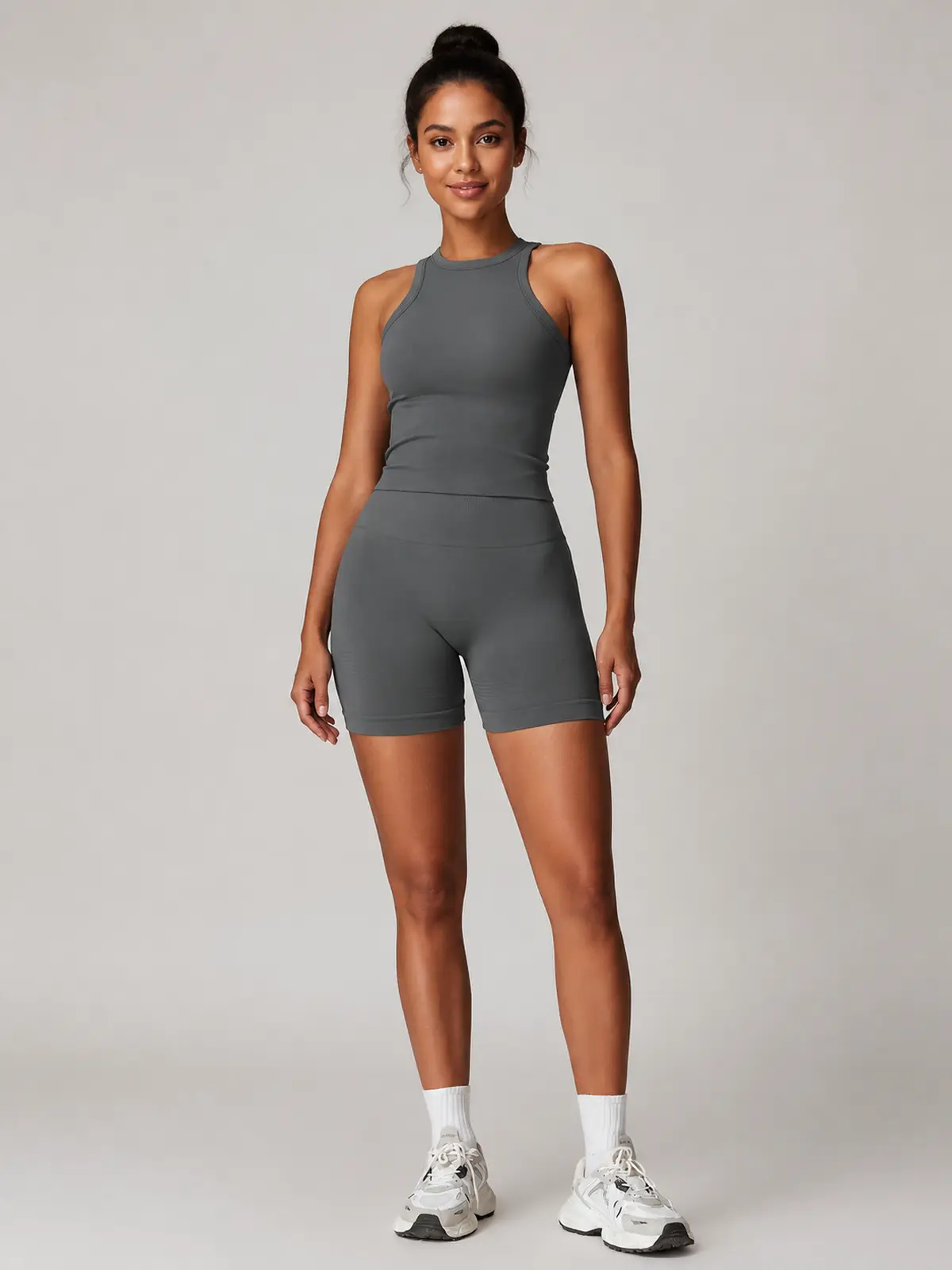 Nori Drift High-Neck Tank Top and Bike Shorts Set — dark gray — general — authoritative variation match