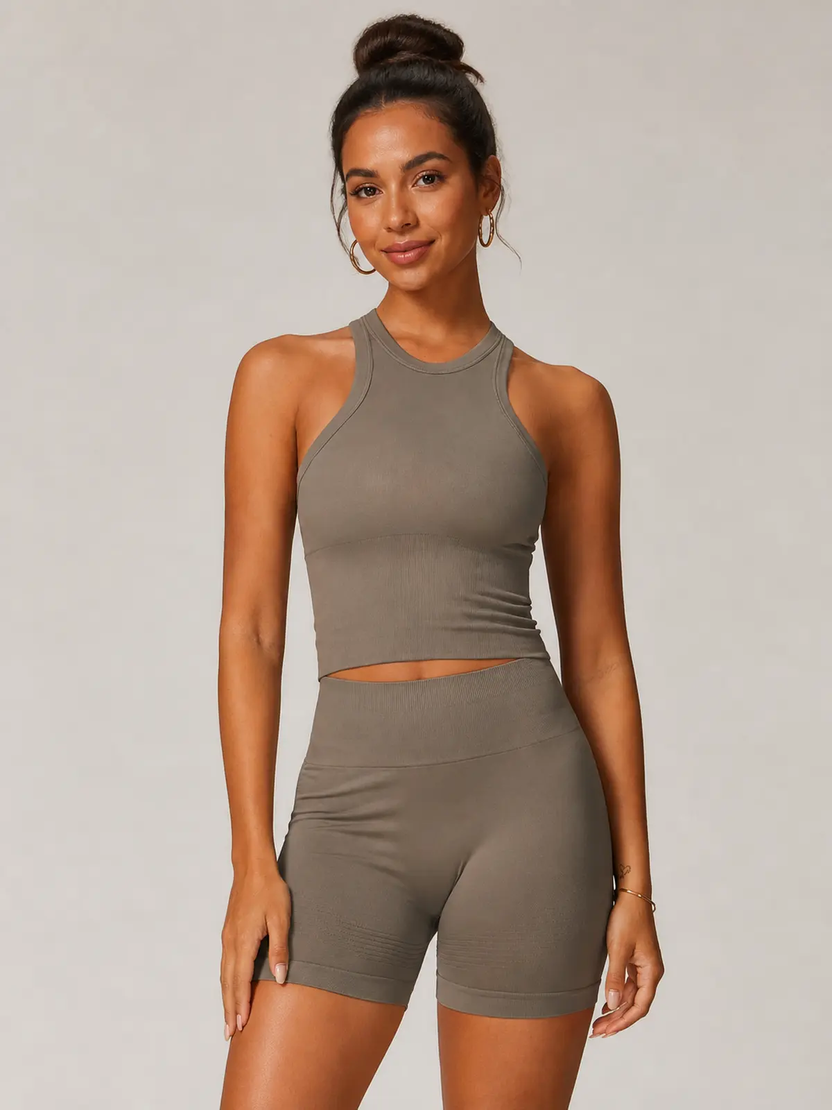 Nori Drift High-Neck Tank Top and Bike Shorts Set — taupe brown — general — authoritative variation image