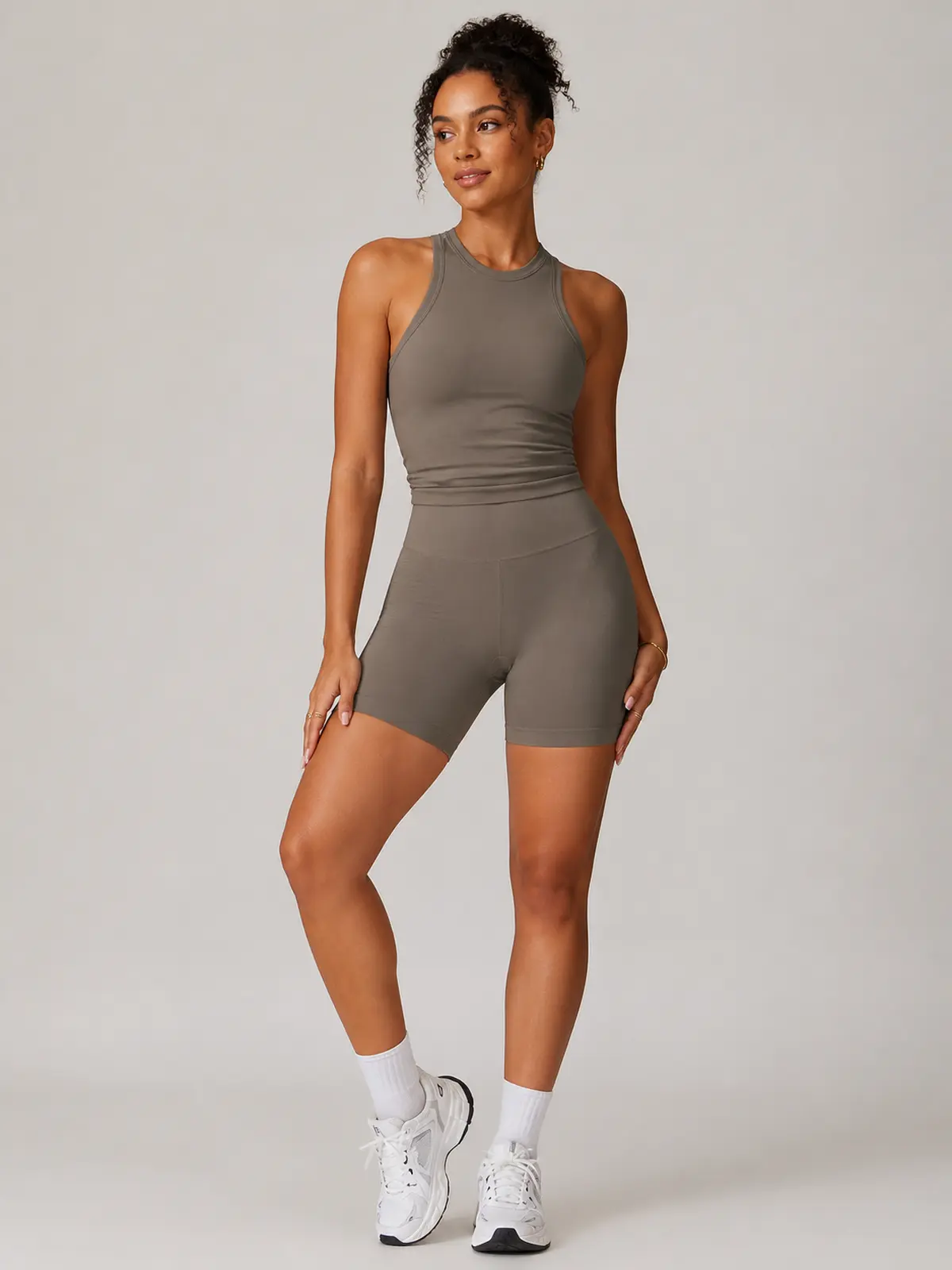 Nori Drift High-Neck Tank Top and Bike Shorts Set — taupe brown — general — authoritative variation match
