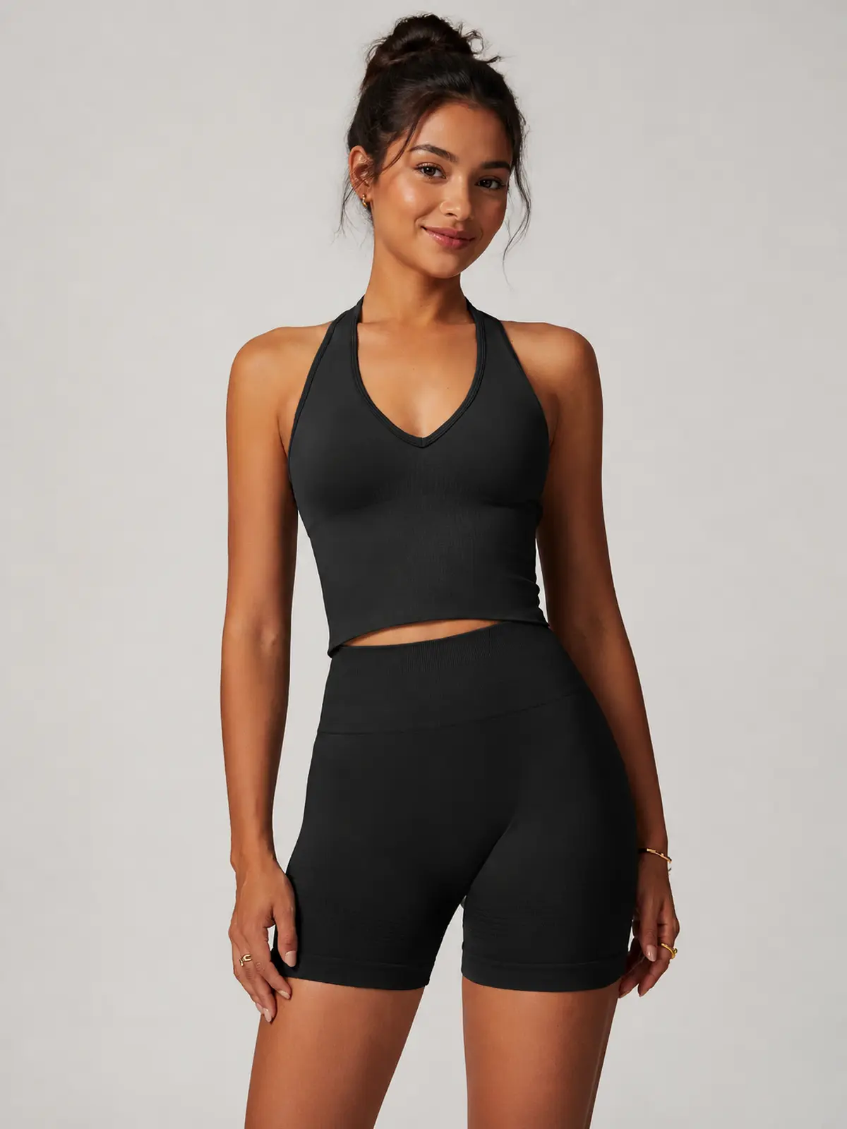 Oasis Line V-Neck Tank Top and Bike Shorts Set — black — general — authoritative variation image