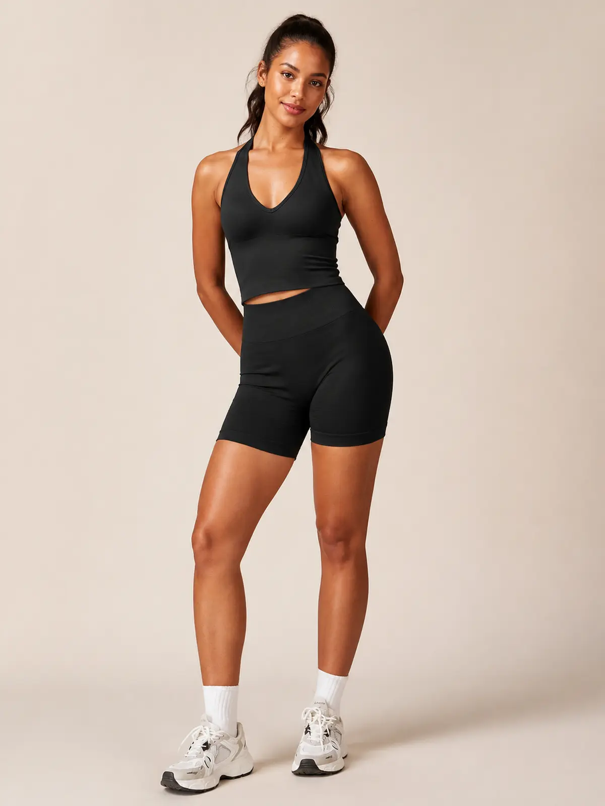 Oasis Line V-Neck Tank Top and Bike Shorts Set — black — general — authoritative variation match