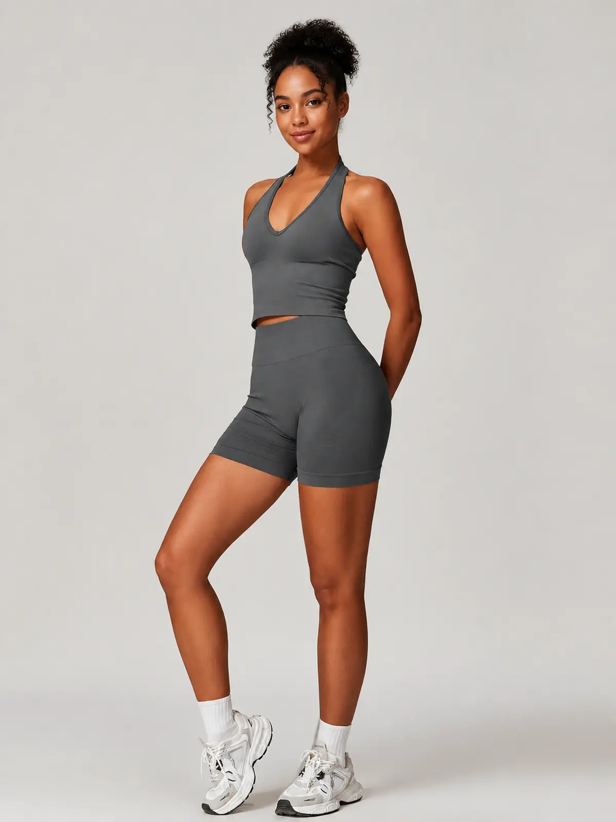 Oasis Line V-Neck Tank Top and Bike Shorts Set — dark gray — general — authoritative variation match