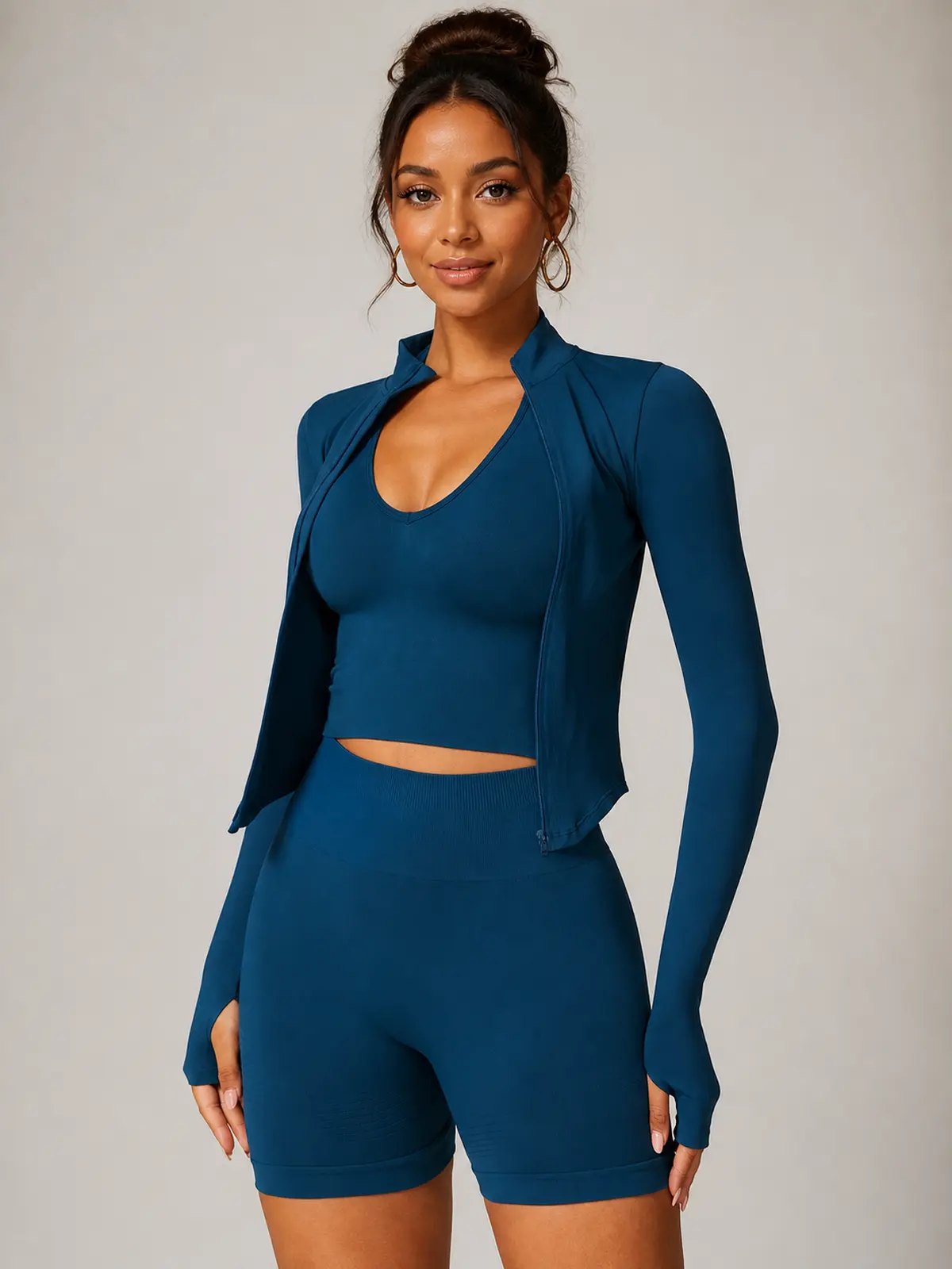 Oasis Line V-Neck Tank Top and Bike Shorts Set — dark teal blue — general — authoritative variation match