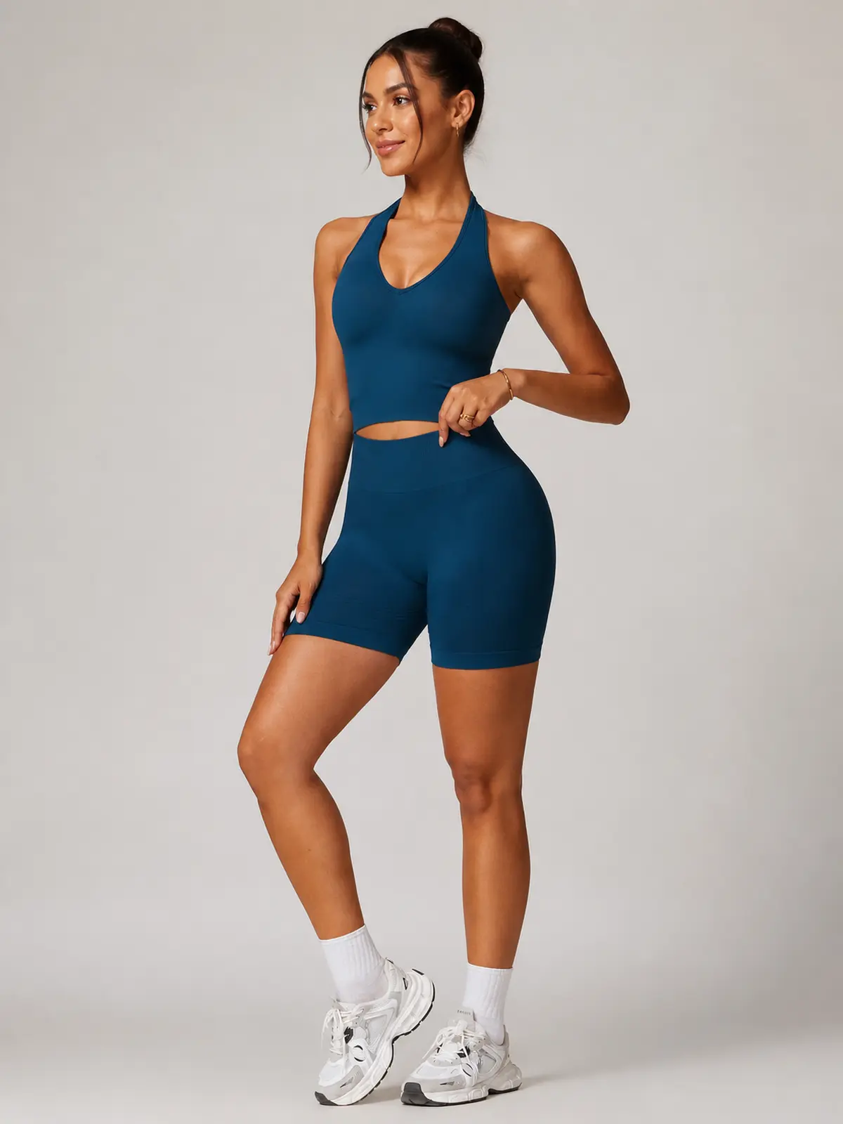 Oasis Line V-Neck Tank Top and Bike Shorts Set — dark teal blue — general — authoritative variation match