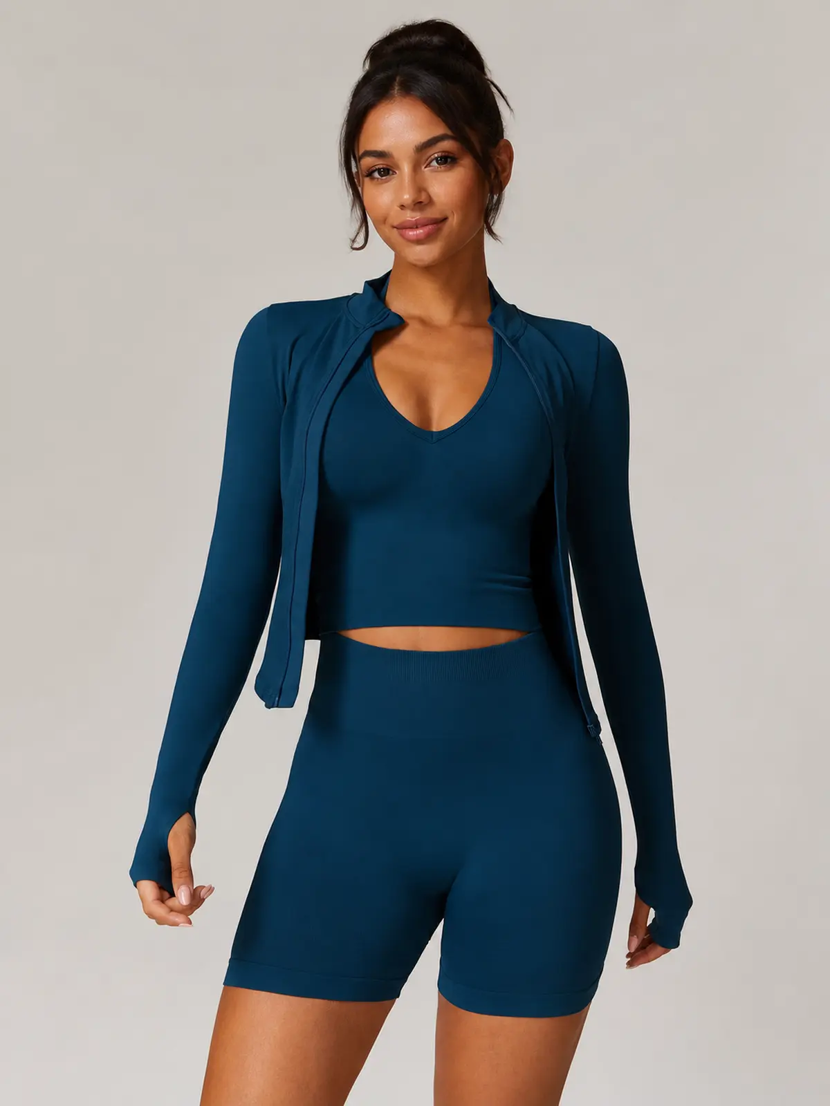 Oasis Line V-Neck Tank Top and Bike Shorts Set — dark teal blue — general — authoritative variation match