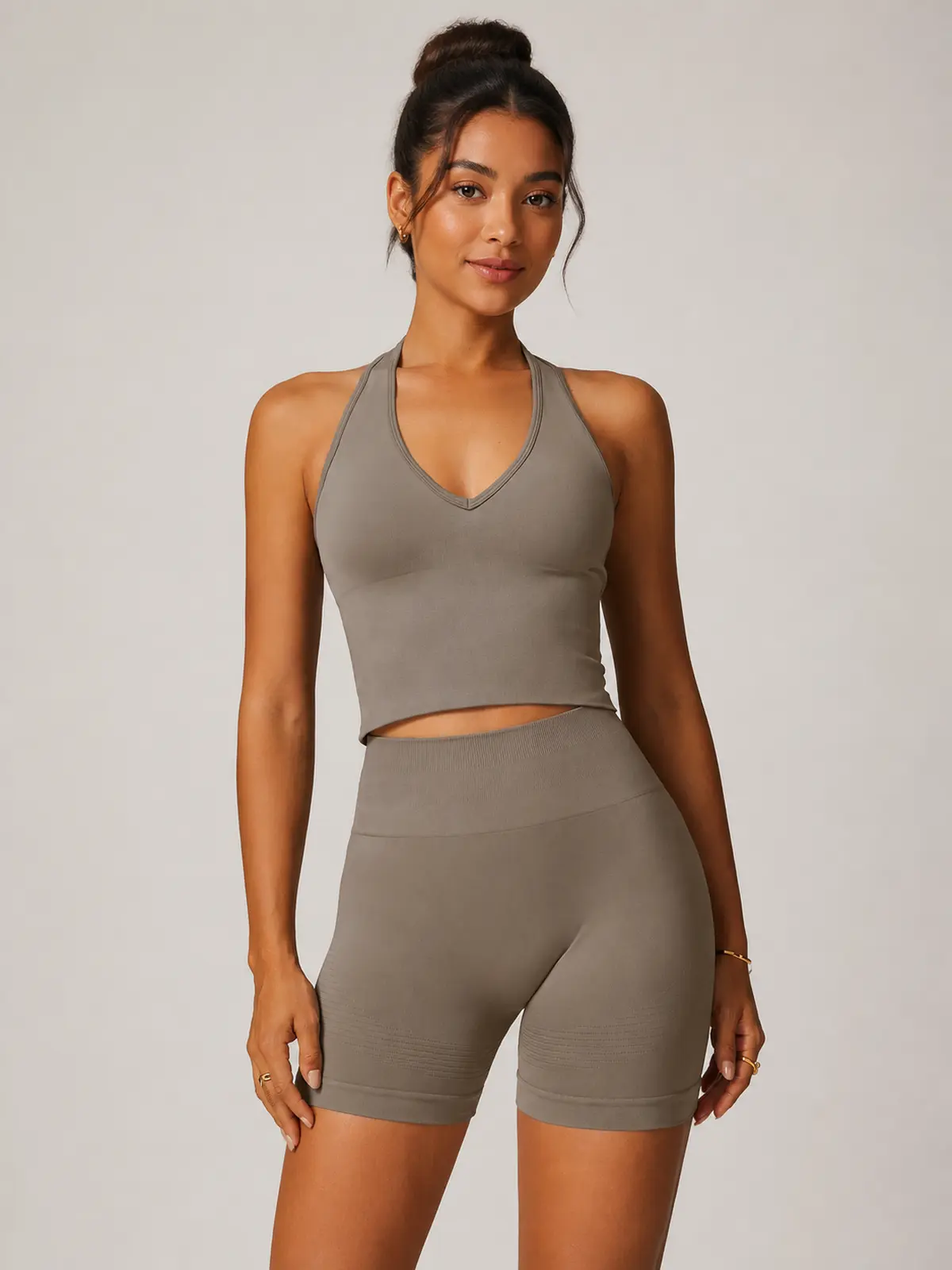 Oasis Line V-Neck Tank Top and Bike Shorts Set — taupe — general — authoritative variation image