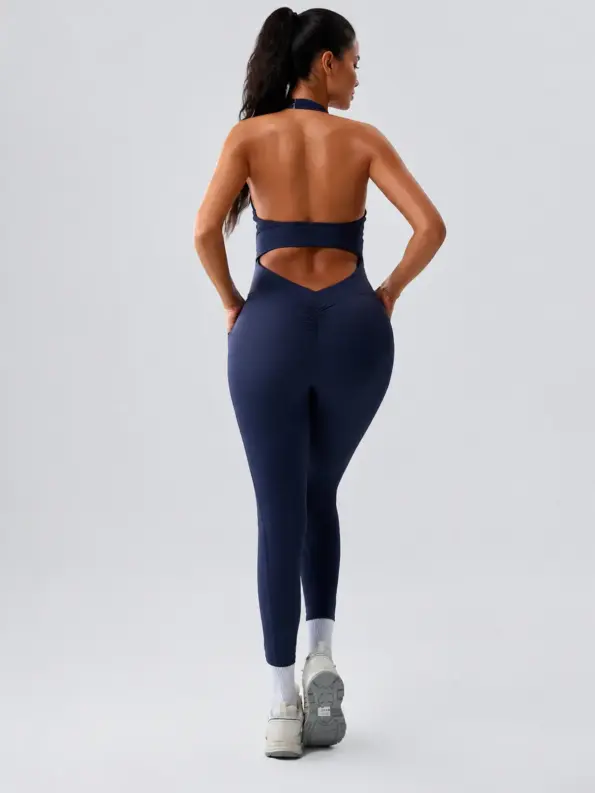 Opaline Turn Ruched Halter Pocket Jumpsuit — navy blue — unitard — authoritative variation match