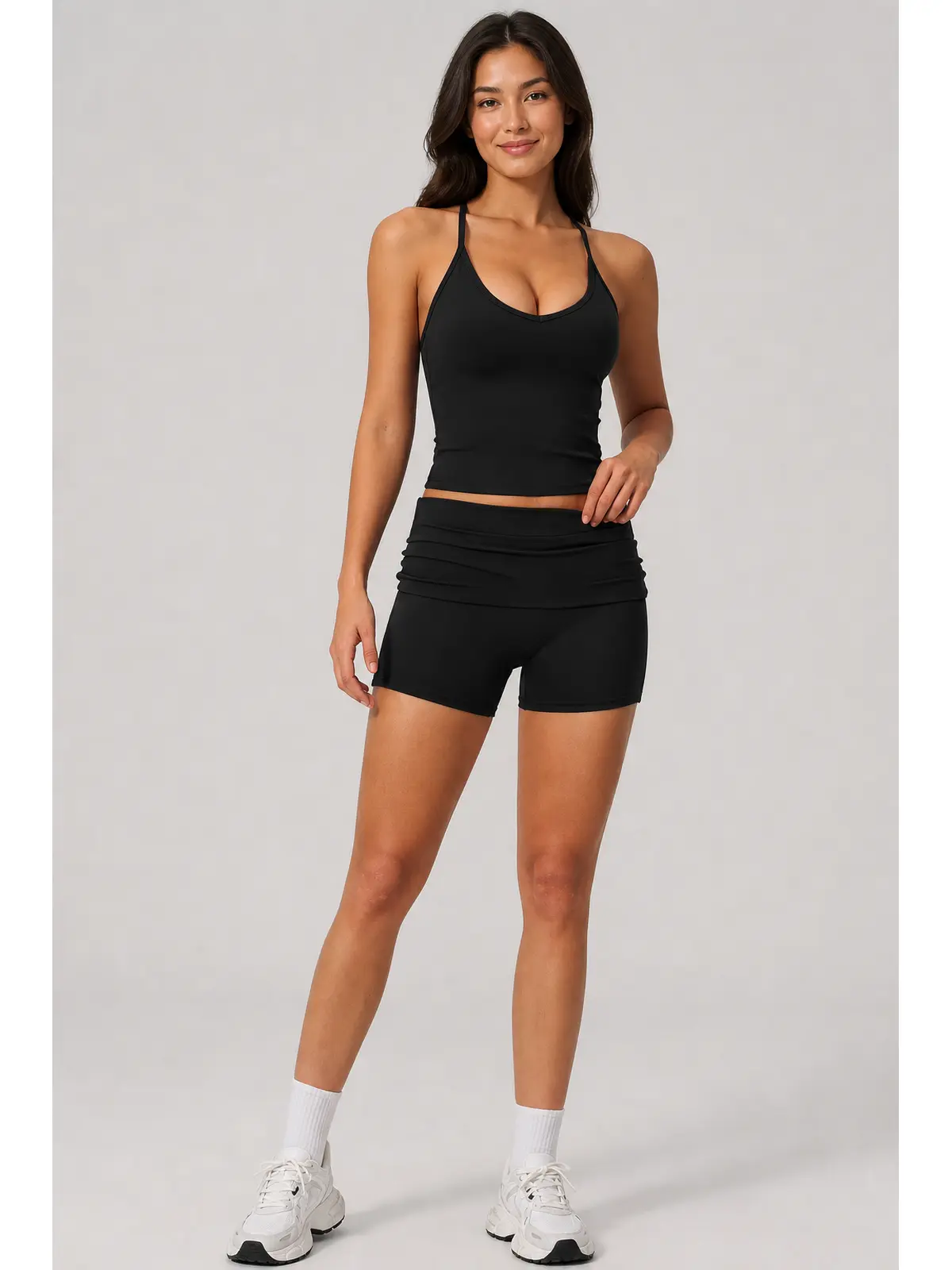 Orbit Line Longline Sports Bra — black — top-shorts-set — authoritative variation match