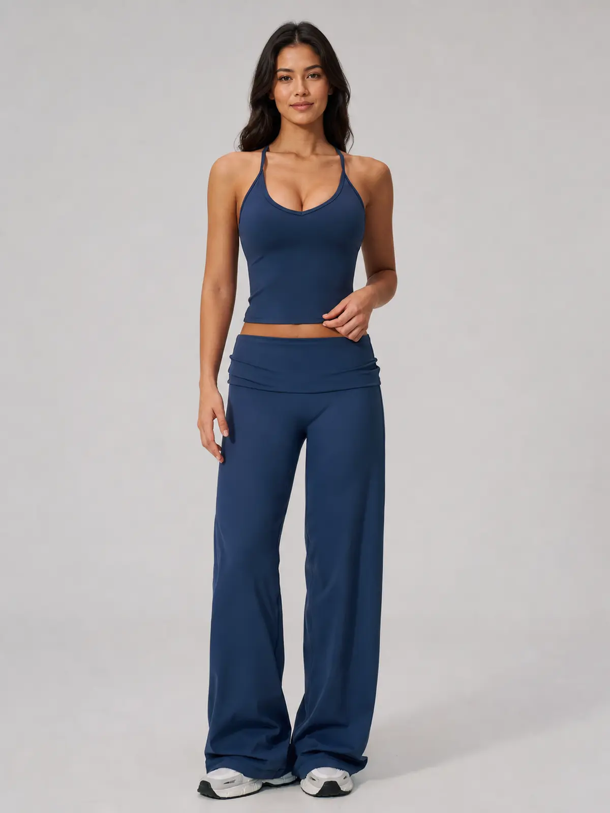 Orbit Line Longline Sports Bra — dark navy blue — top-leggings-set — authoritative variation match