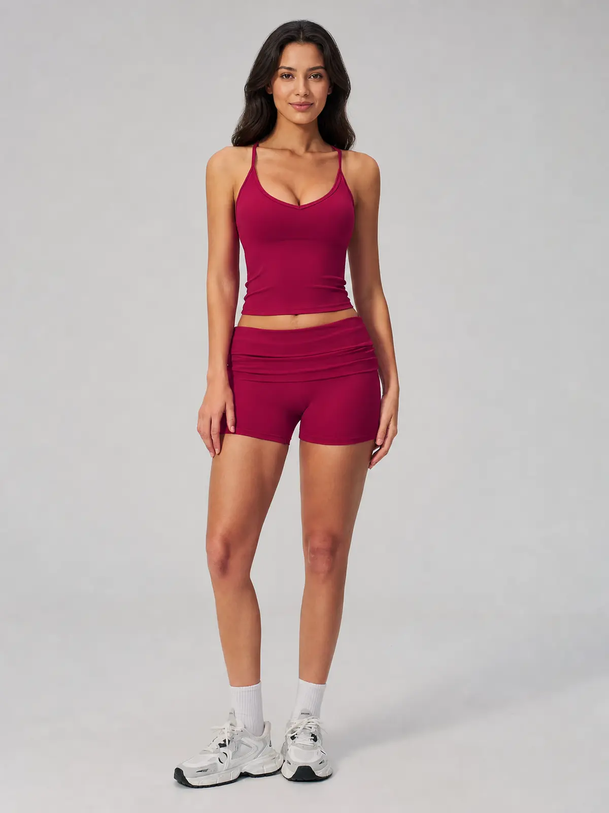 Orbit Line Longline Sports Bra — raspberry red — top-shorts-set — authoritative variation match