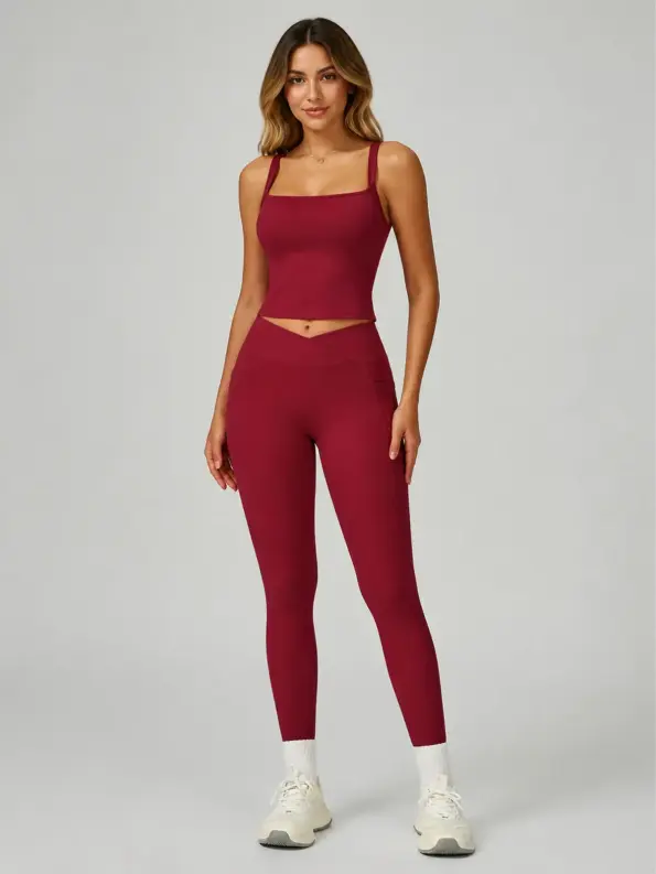 Oriel Canvas Square-Neck Tank Top and Full-Length Leggings Set — cherry red — general — authoritative variation match