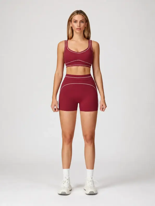 Parchment Pulse Scoop-Neck Sports Bra and Bike Shorts Set — cherry red — general — authoritative variation match