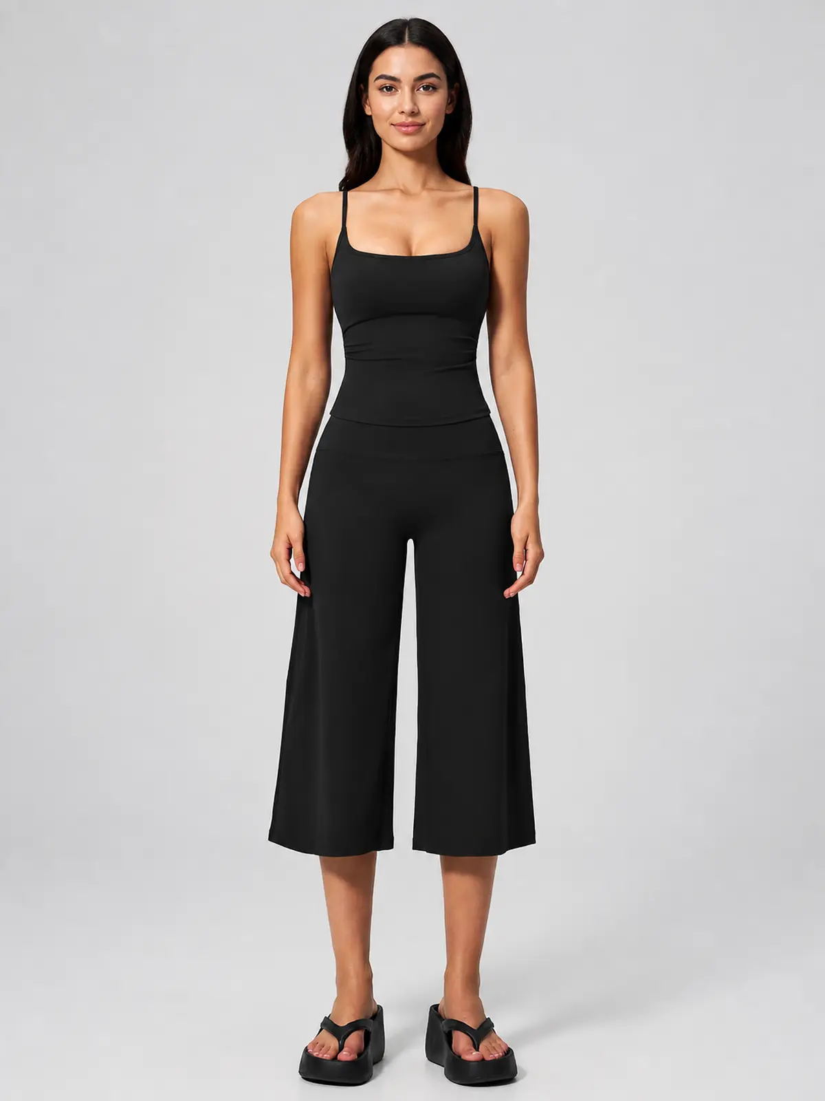 Petal Ledger Square-Neck Tank Top and Cropped Wide-Leg Pants Set — black — general — authoritative variation image