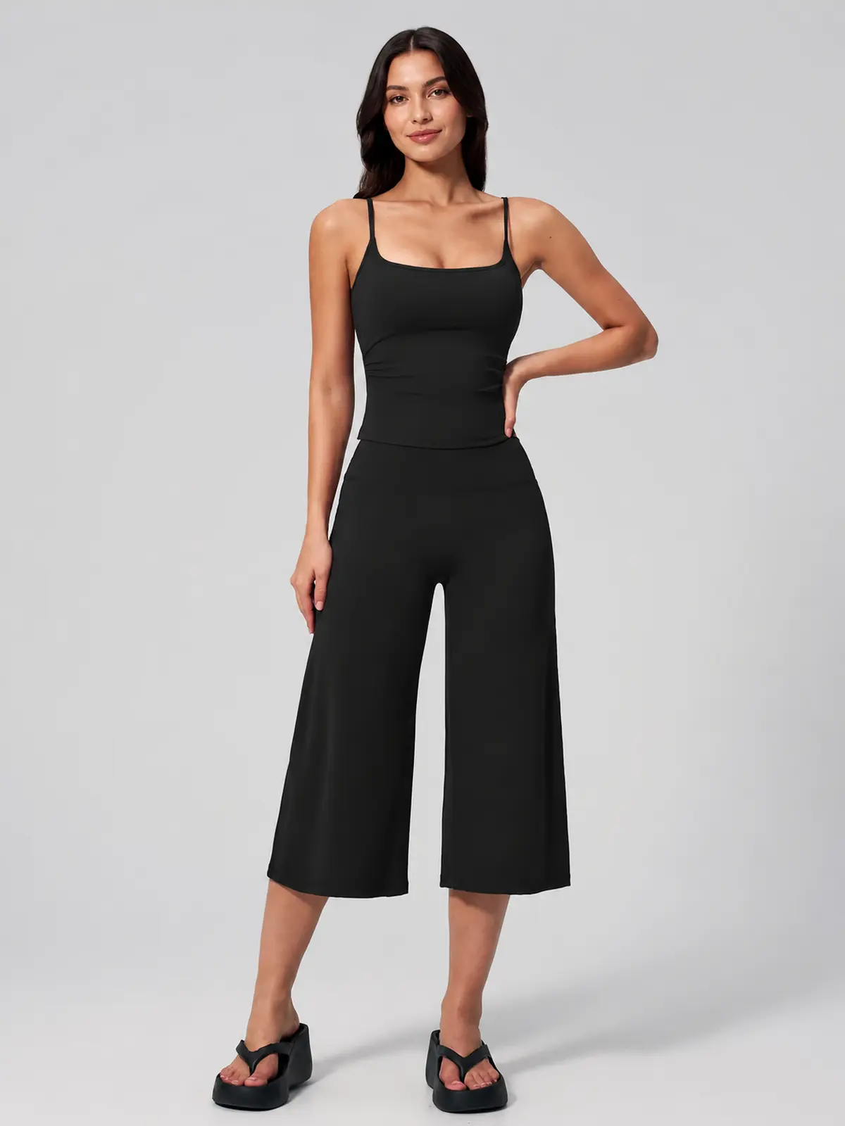 Petal Ledger Square-Neck Tank Top and Cropped Wide-Leg Pants Set — black — general — authoritative variation match