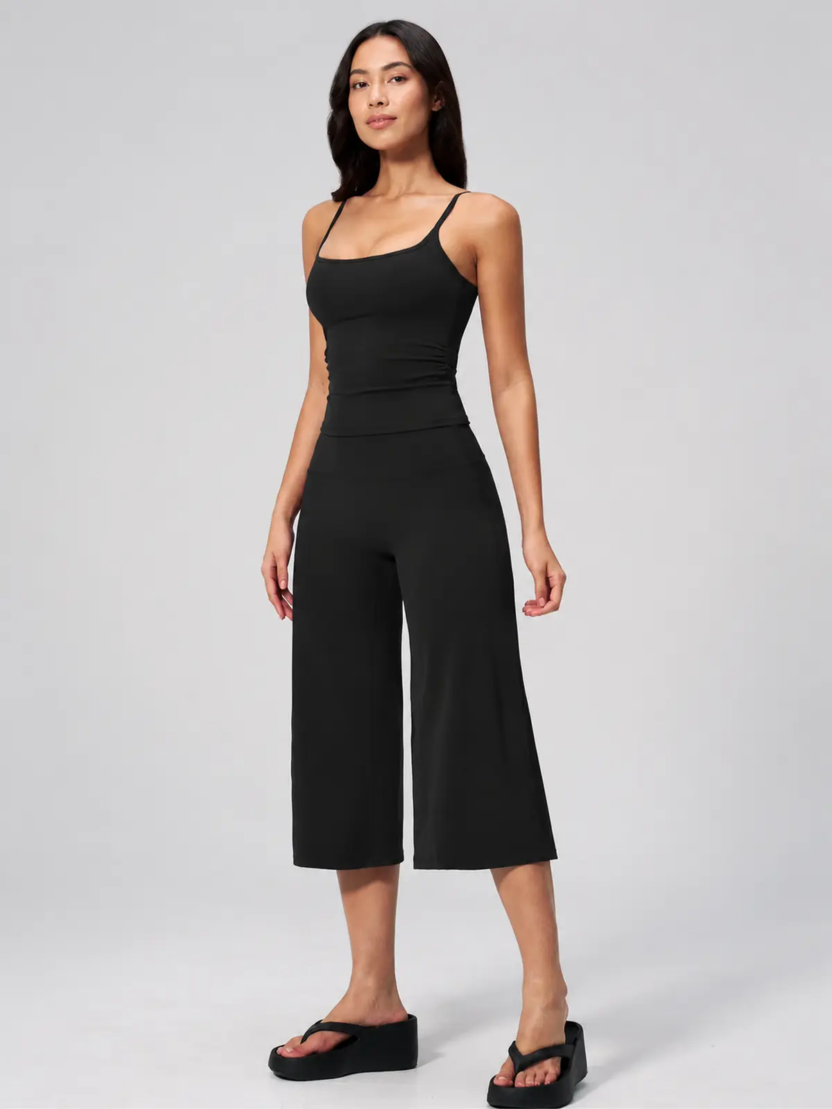Petal Ledger Square-Neck Tank Top and Cropped Wide-Leg Pants Set — black — general — authoritative variation match