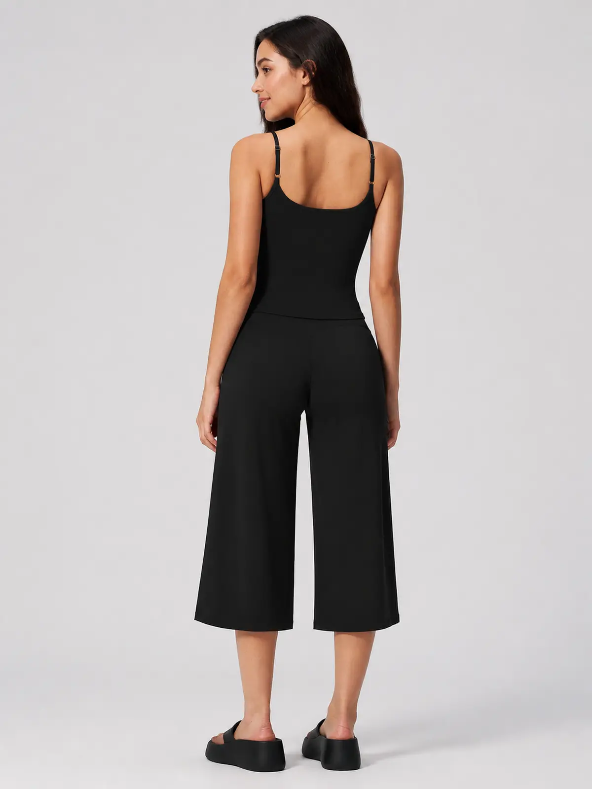 Petal Ledger Square-Neck Tank Top and Cropped Wide-Leg Pants Set — black — general — authoritative variation match