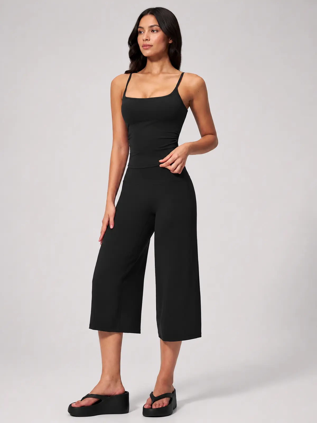 Petal Ledger Square-Neck Tank Top and Cropped Wide-Leg Pants Set — black — general — authoritative variation match