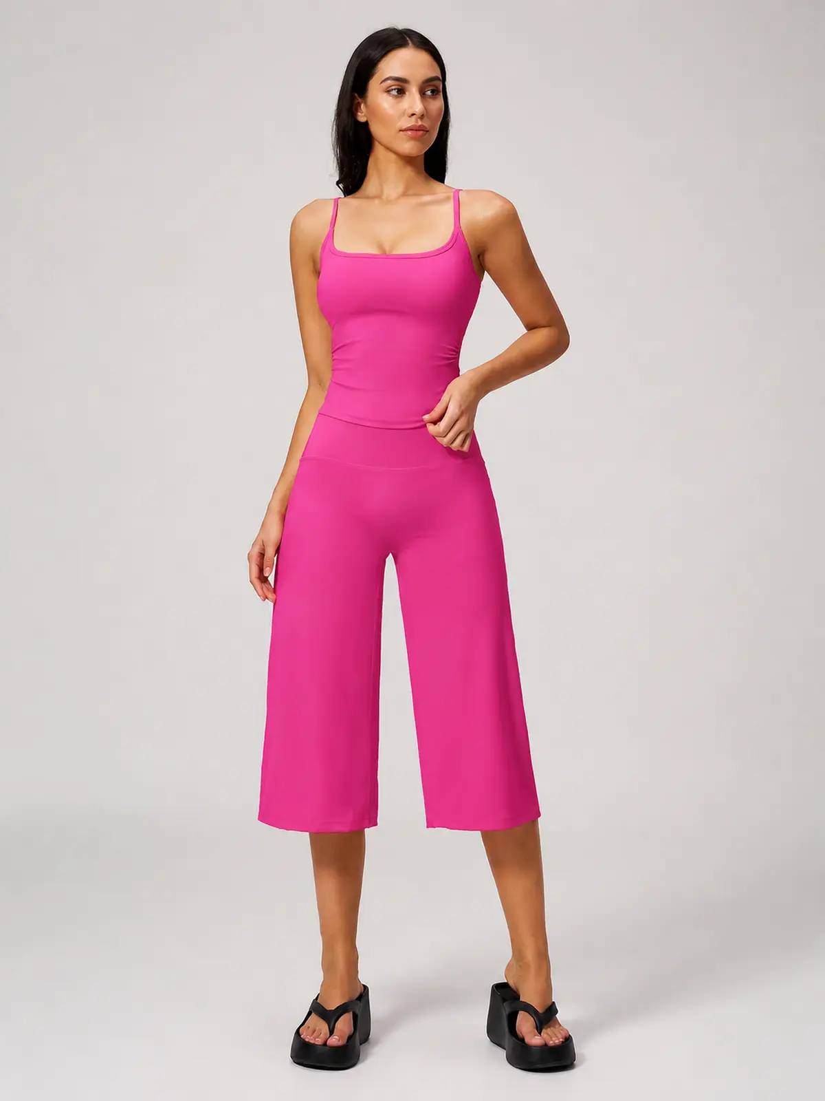 Petal Ledger Square-Neck Tank Top and Cropped Wide-Leg Pants Set — bright pink — general — authoritative variation image