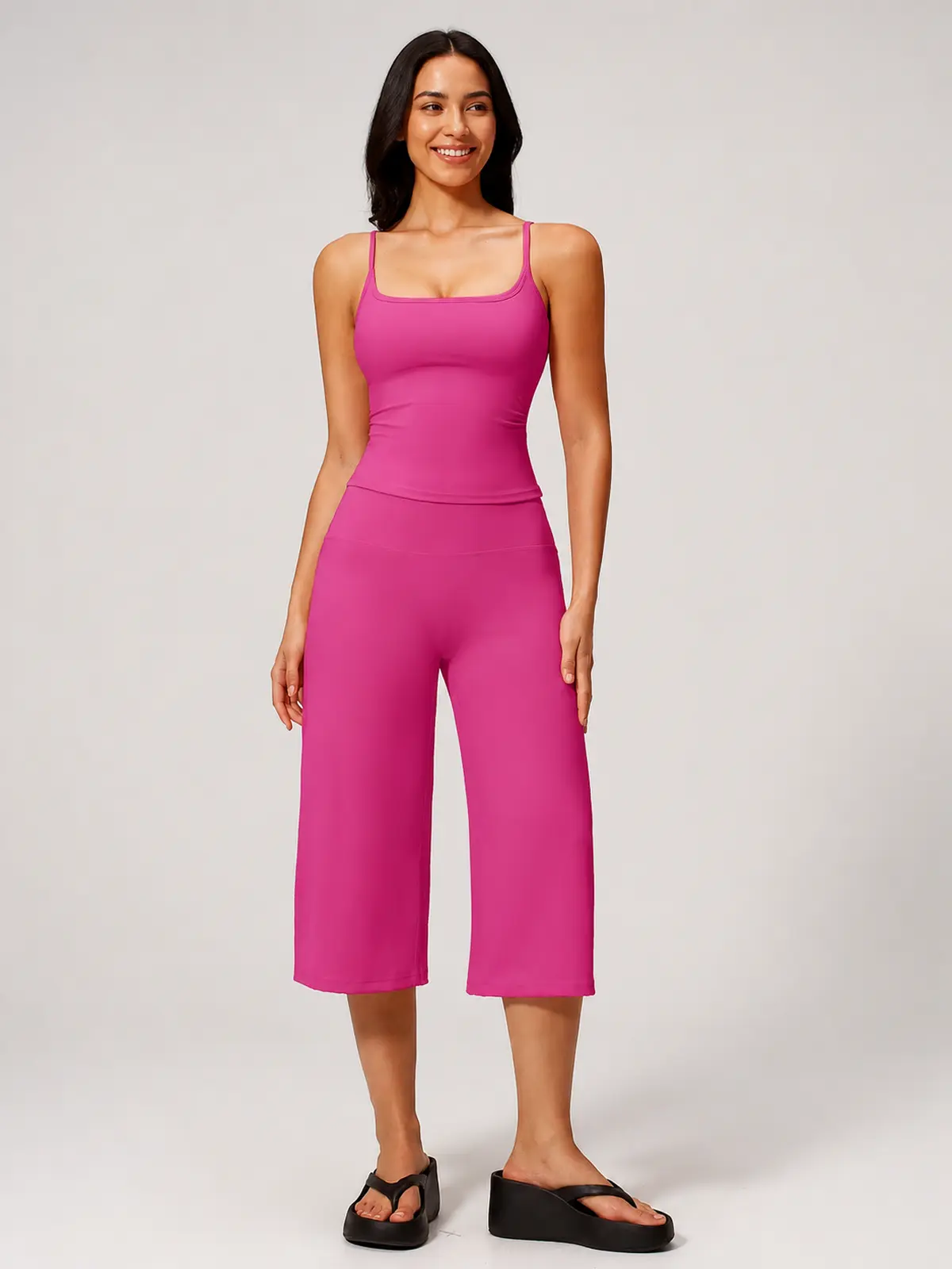 Petal Ledger Square-Neck Tank Top and Cropped Wide-Leg Pants Set — bright pink — general — authoritative variation match
