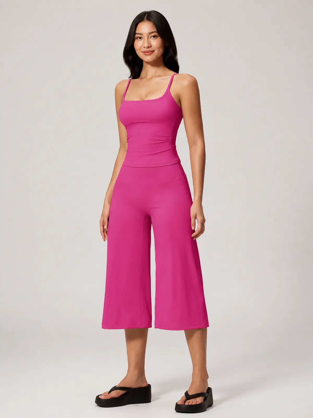 Petal Ledger Square-Neck Tank Top and Cropped Wide-Leg Pants Set — bright pink — general — authoritative variation match