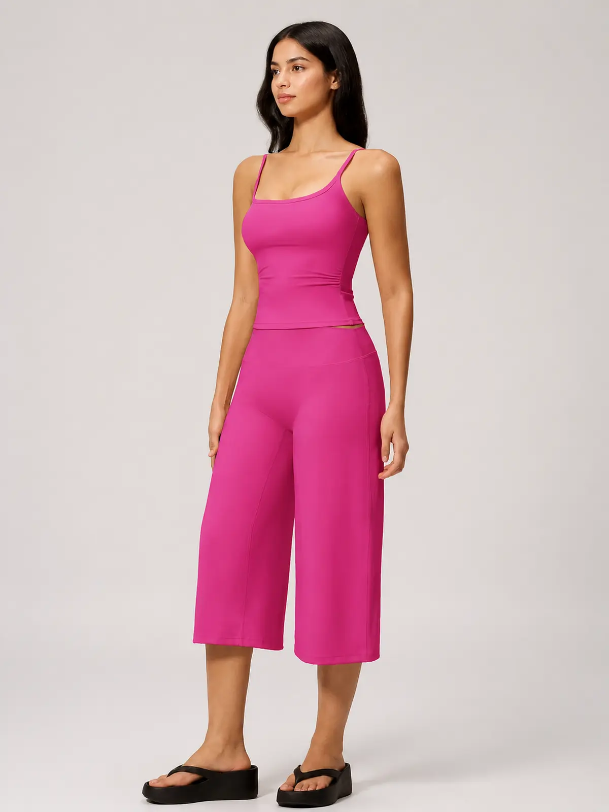 Petal Ledger Square-Neck Tank Top and Cropped Wide-Leg Pants Set — bright pink — general — authoritative variation match