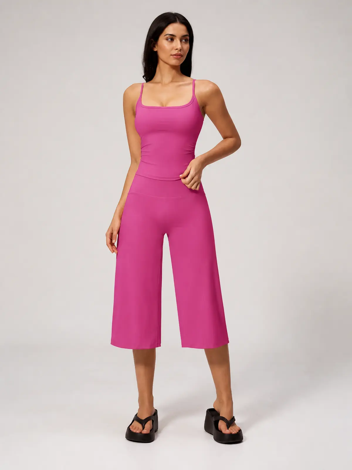 Petal Ledger Square-Neck Tank Top and Cropped Wide-Leg Pants Set — bright pink — tank-top — authoritative variation match