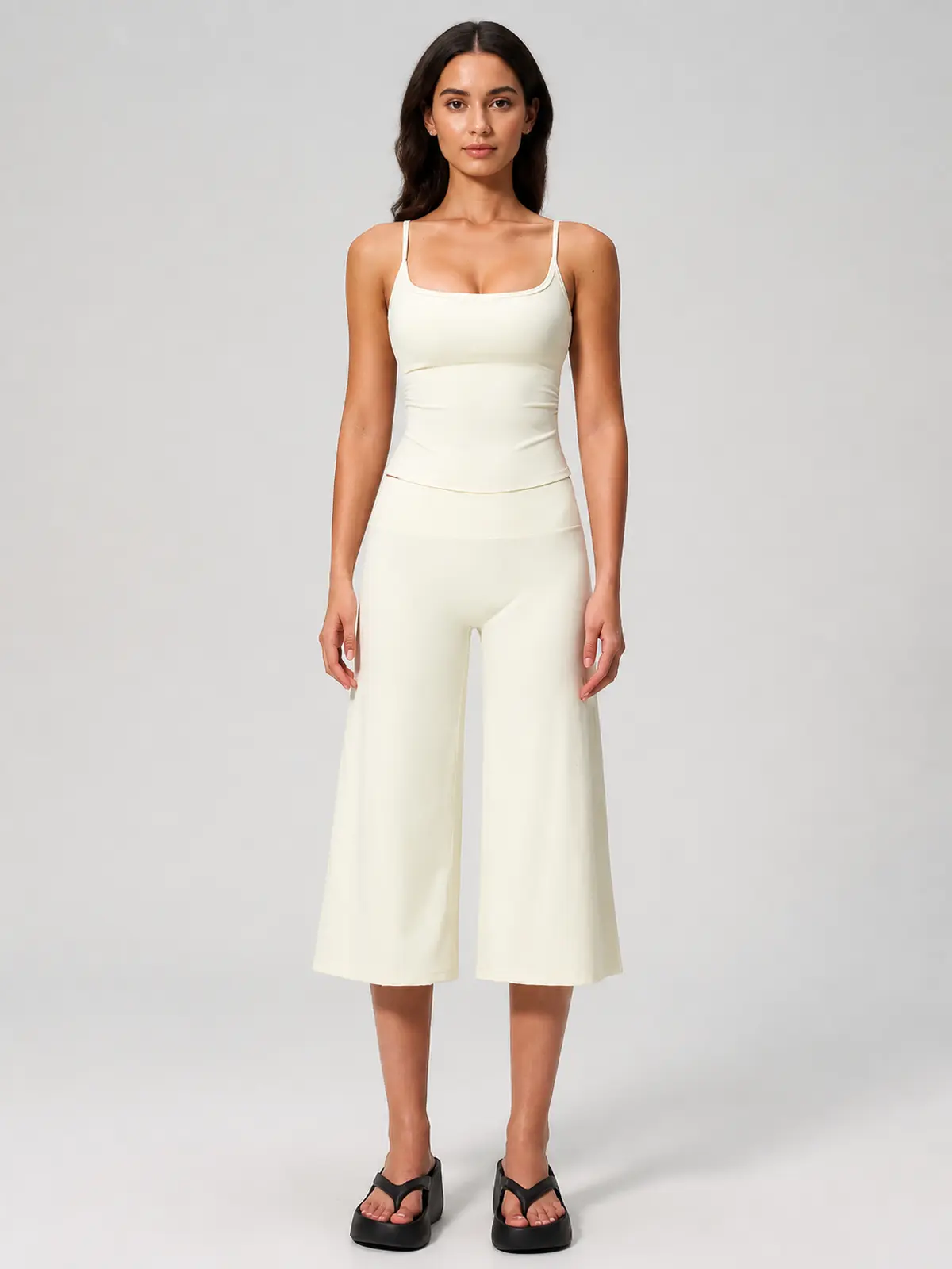 Petal Ledger Square-Neck Tank Top and Cropped Wide-Leg Pants Set — creamy white — general — authoritative variation image